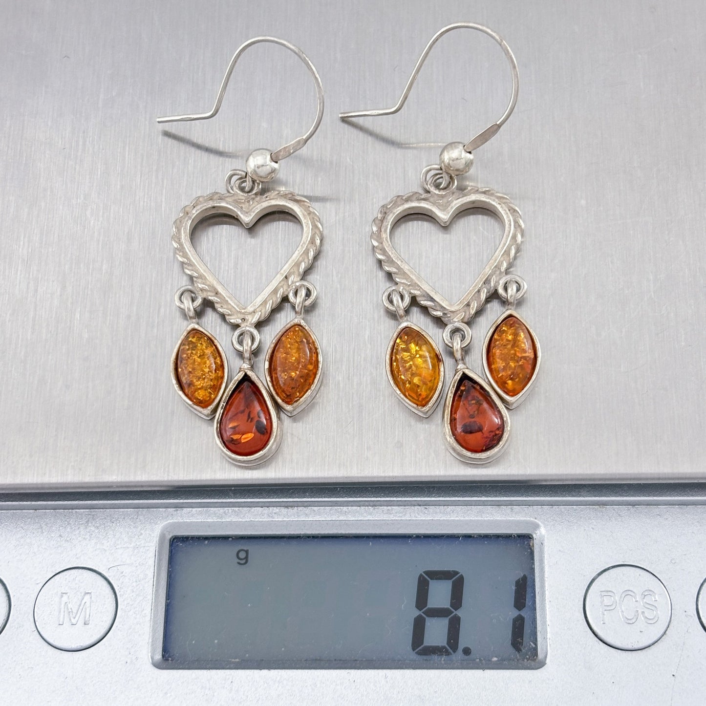 Vintage Sterling Silver 925 Amber Drop Heart Dangle Earrings