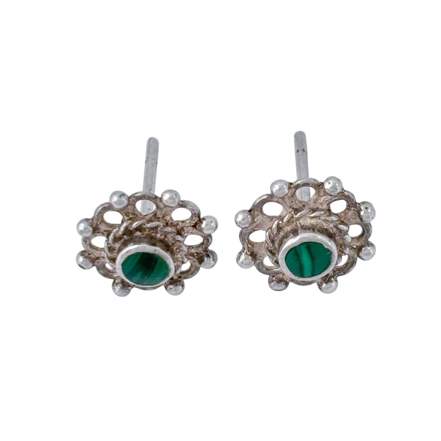 Vintage Sterling Silver 925 Malachite Filigree Stud Earrings