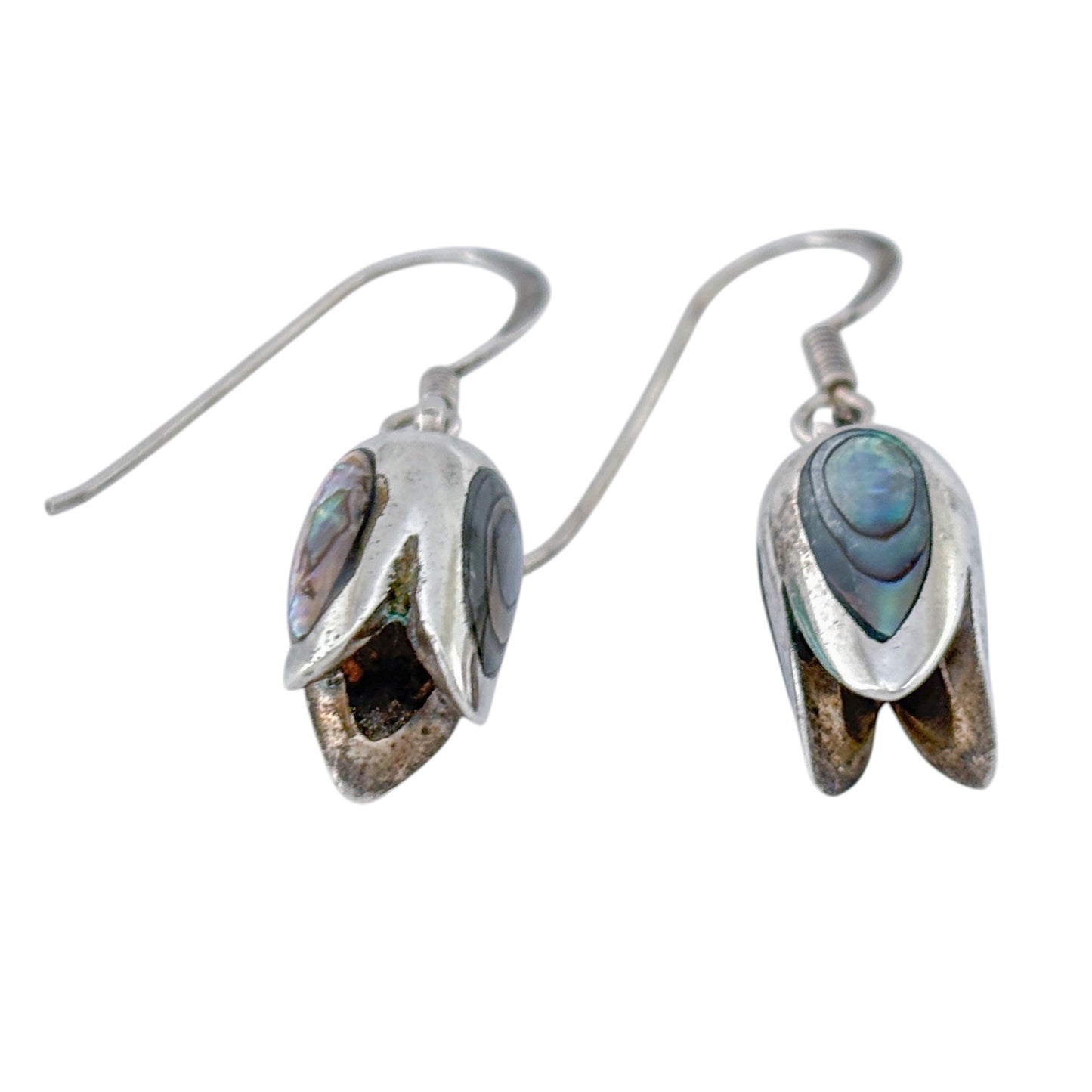 Vintage Sterling Silver 925 Abalone Tulip Dangle Earrings