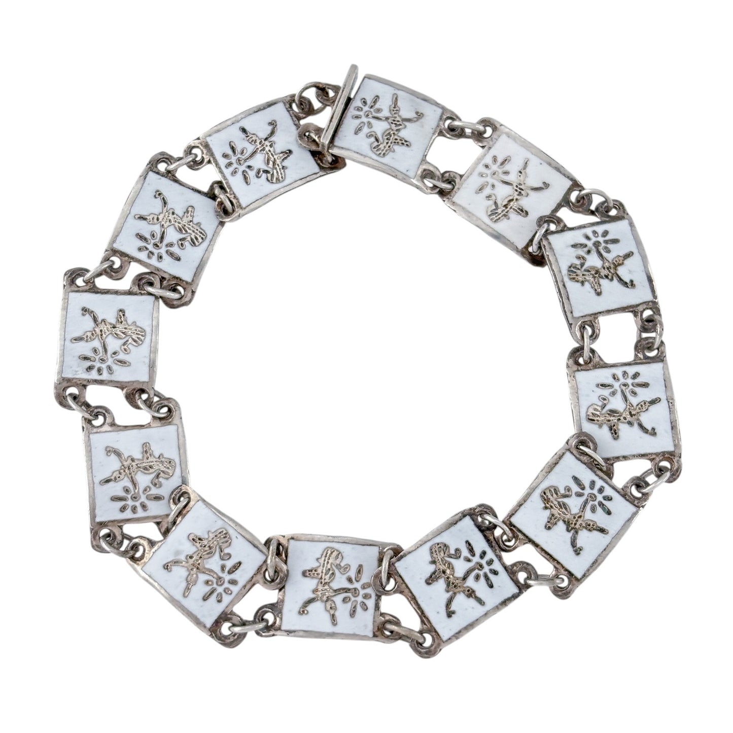 Vintage Sterling Silver 925 White Niello Siam Dancer Link Bracelet 7.25"