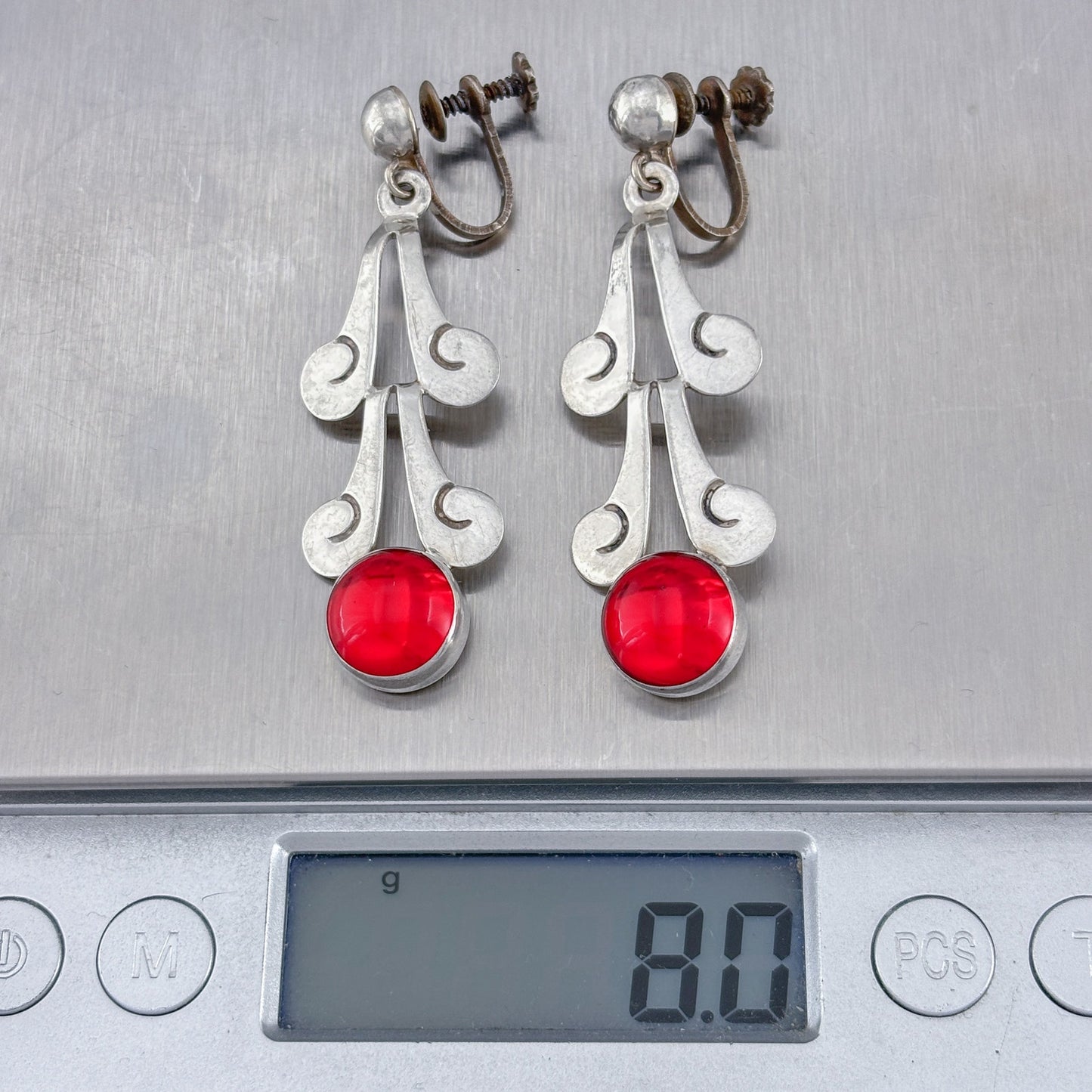 Vintage Sterling Silver 925 Red Glass Dangle Earrings