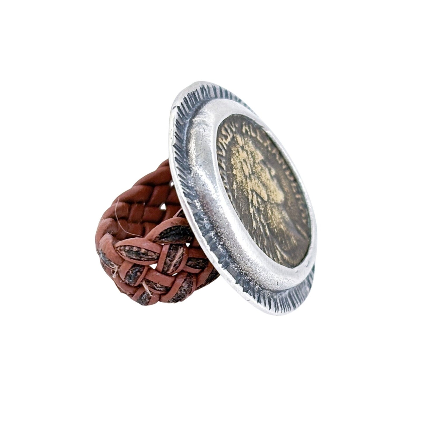Vintage Sterling Silver Alexander Severus Coin Ring with Braided Leather Band