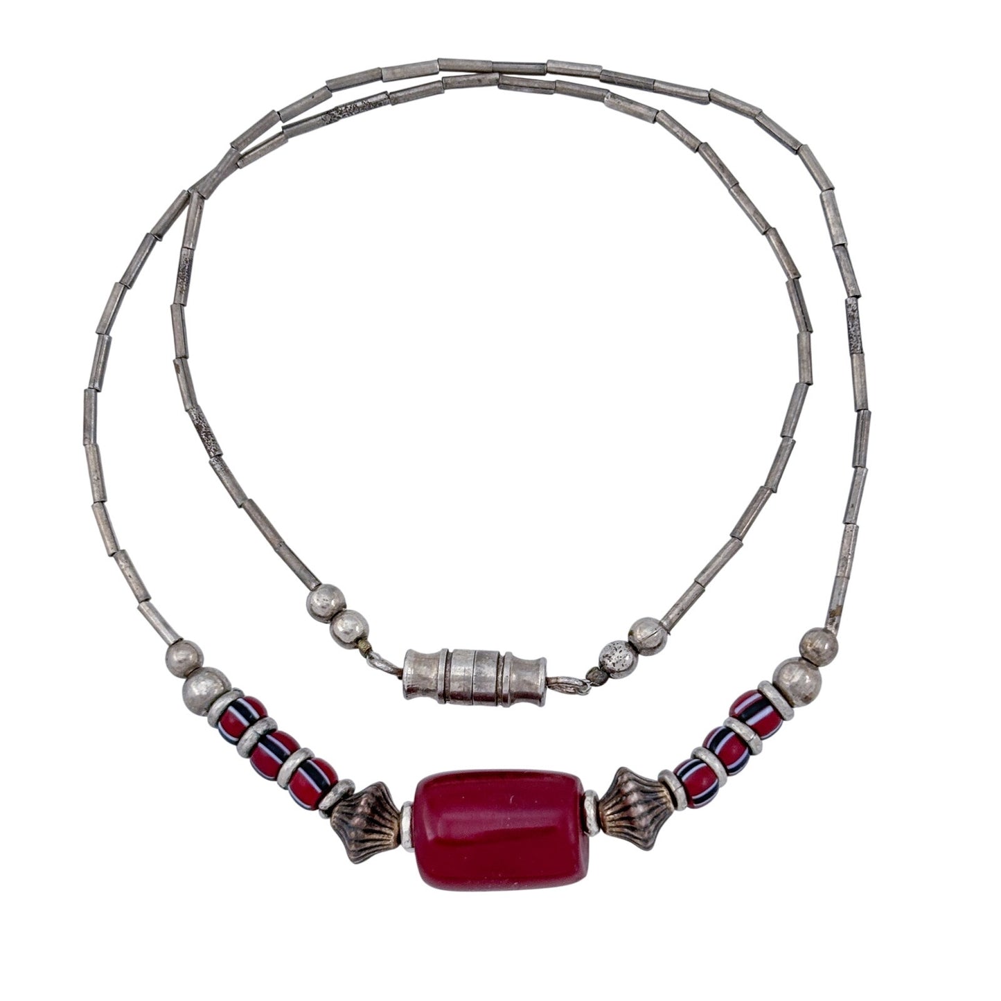 Vintage Sterling Silver 925 Liquid Silver Red Glass Necklace 15"