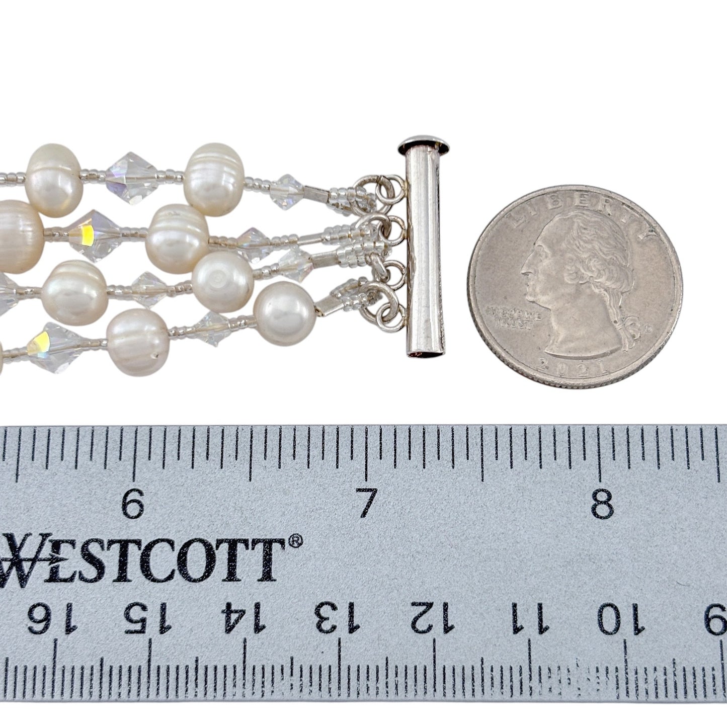 Vintage Sterling Silver 925 Pearl Crystal Bracelet 7.25"