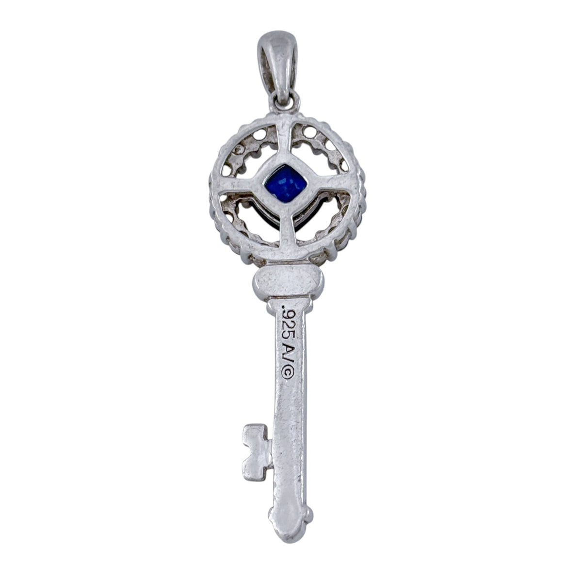 Vintage Sterling Silver 925 Lab Created Blue & White Sapphire Key Pendant
