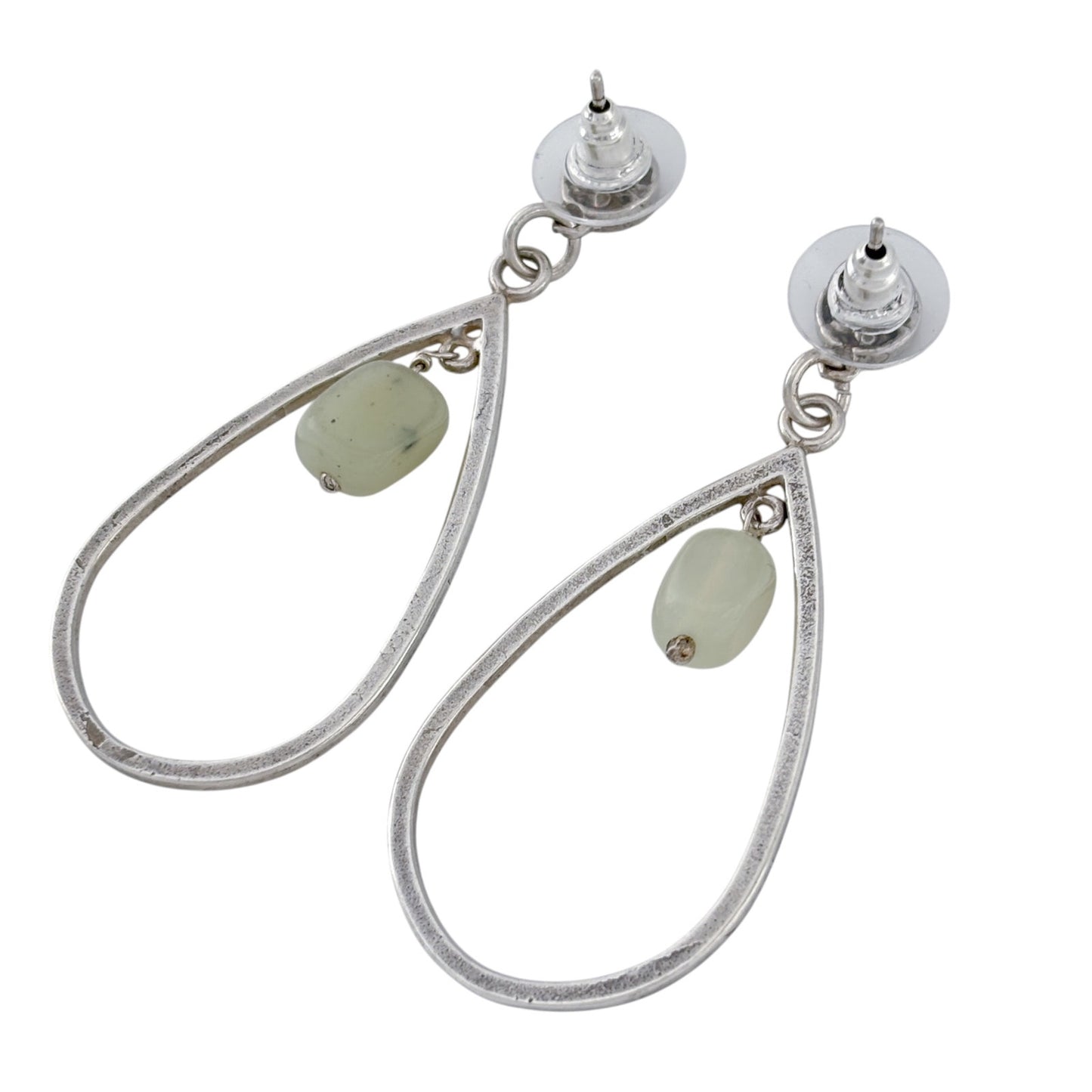 Vintage Sterling Silver 925 Chrysoprase Stone Dangle Open Teardrop Earrings