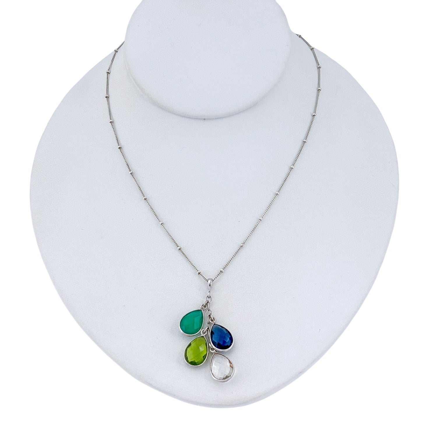Vintage Sterling Silver 925 Blue Green Glass Teardrop Pendant Necklace 16"