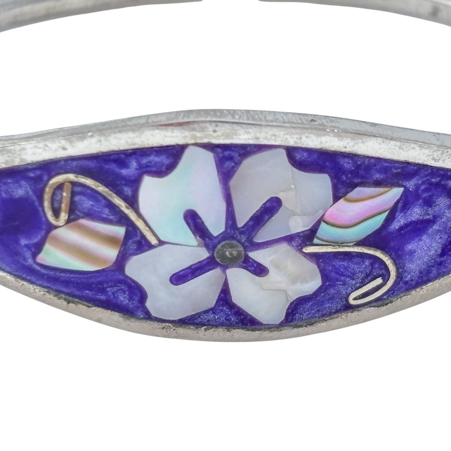 Vintage Alpaca Mexico Purple Abalone Flower Bangle Bracelet 6"
