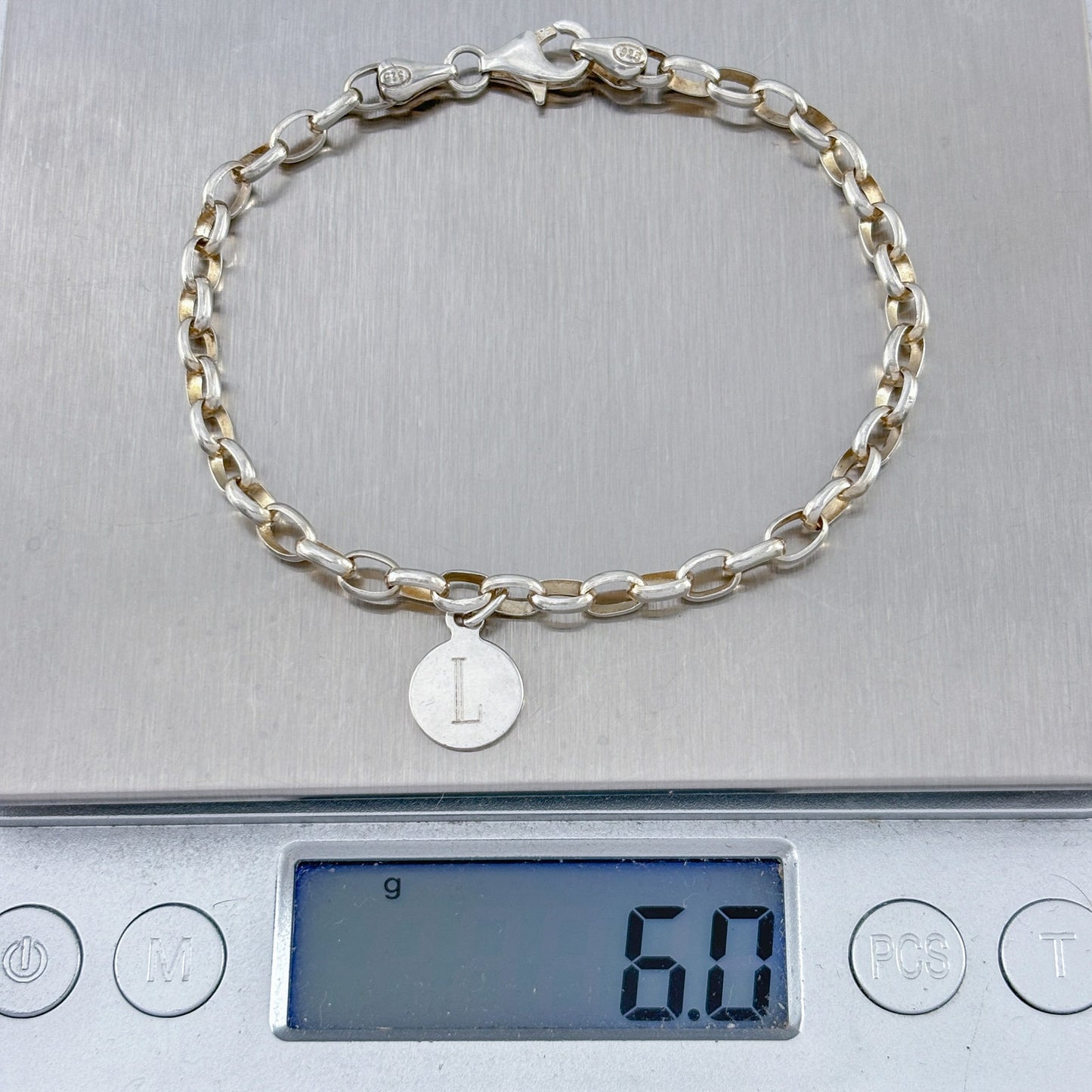 Vintage Sterling Silver 925 Initial L Charm Bracelet 7.25"