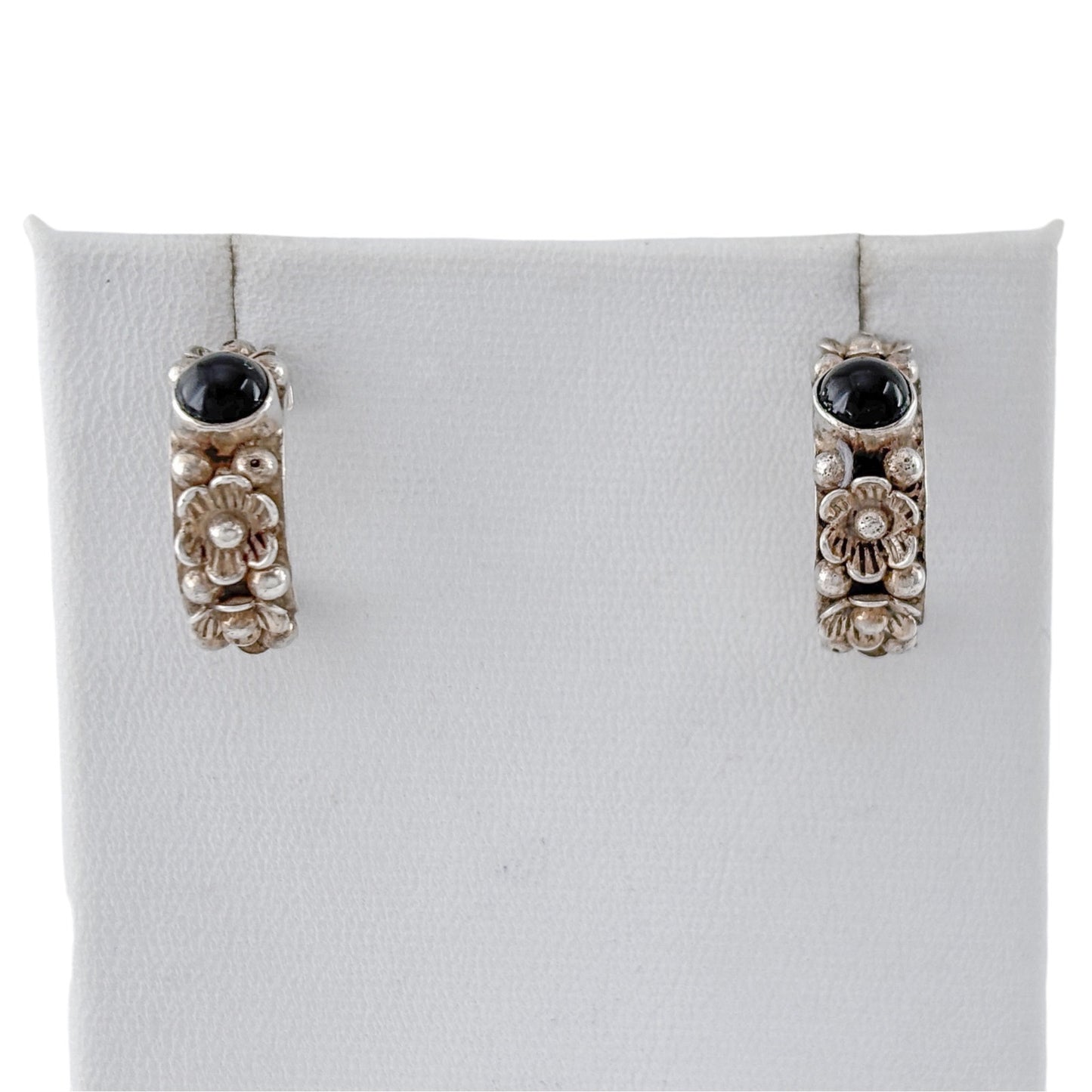 Vintage Sterling Silver 925 Onyx Floral Hoop Earrings