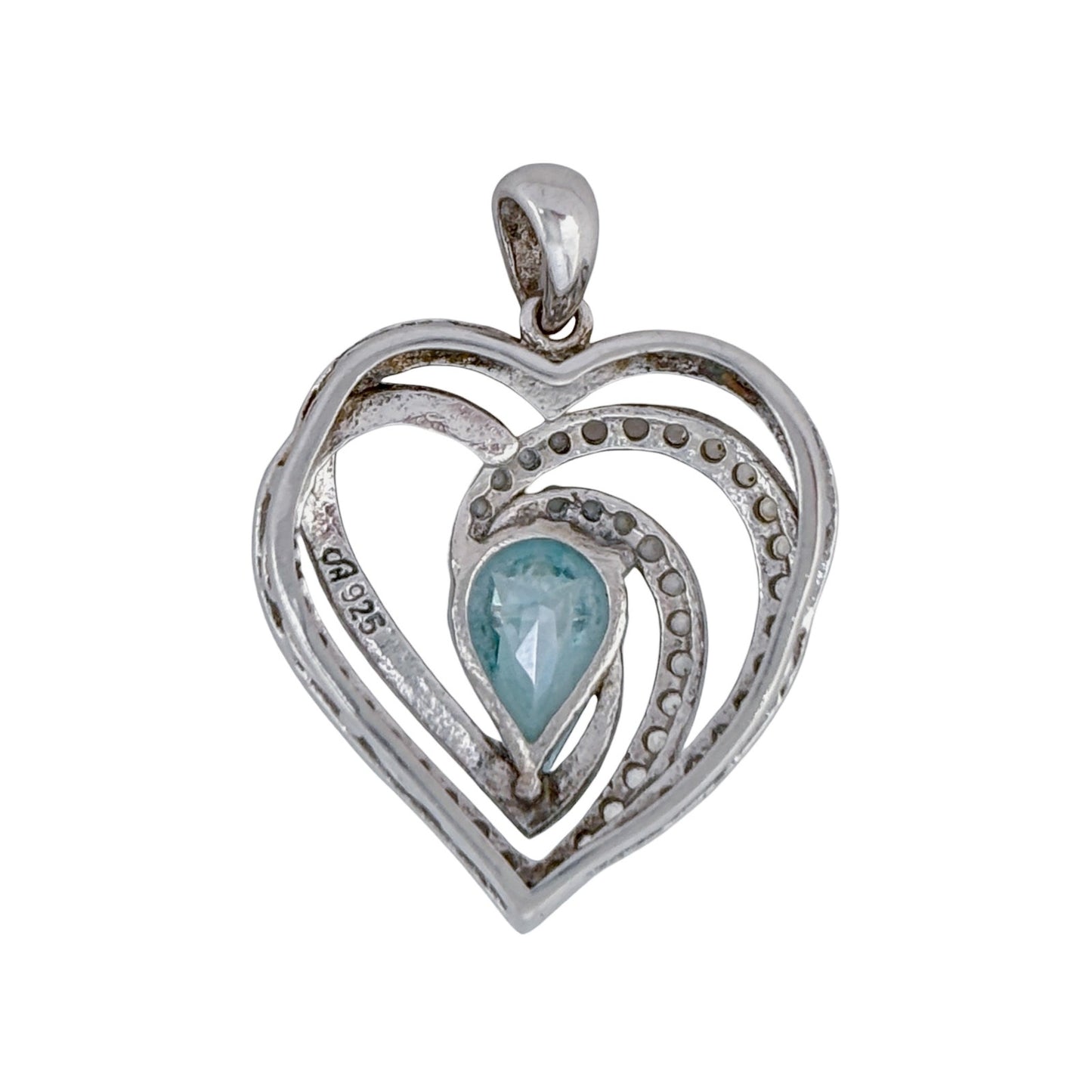 Vintage Sterling Silver 925 Blue Topaz Diamond Heart Pendant