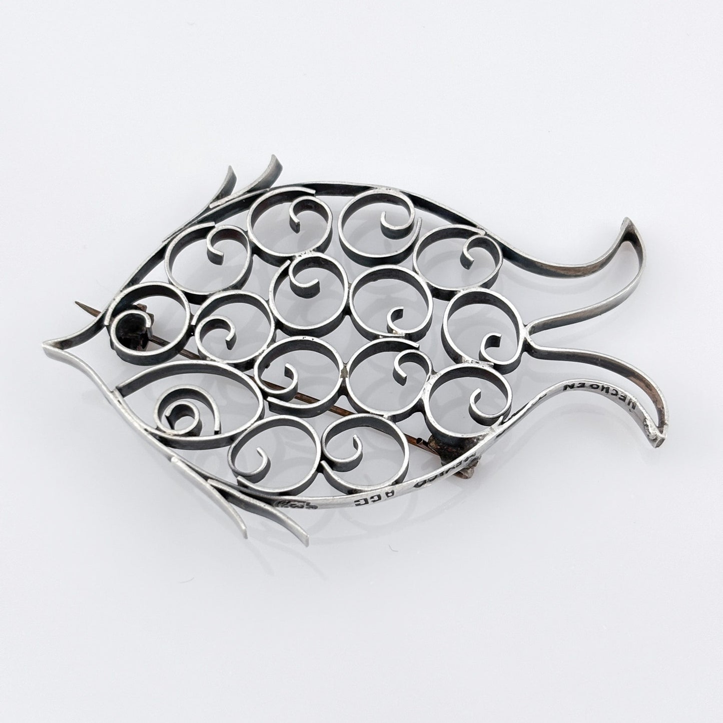 Vintage Mexico Taxco Sterling Silver 925 Fish Filigree Brooch