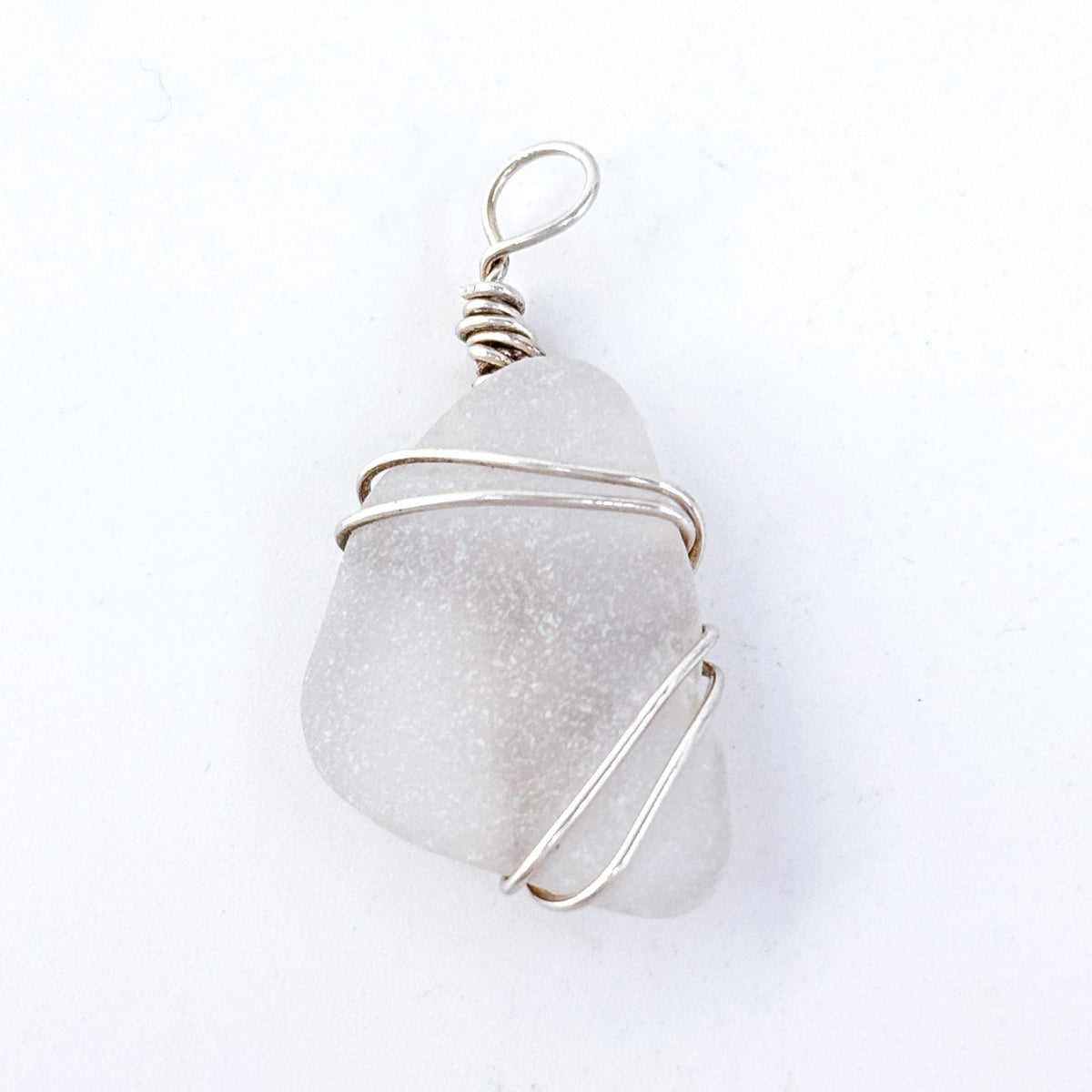 Vintage Silver Plated Frosted White Sea Glass Wire Wrapped Pendant