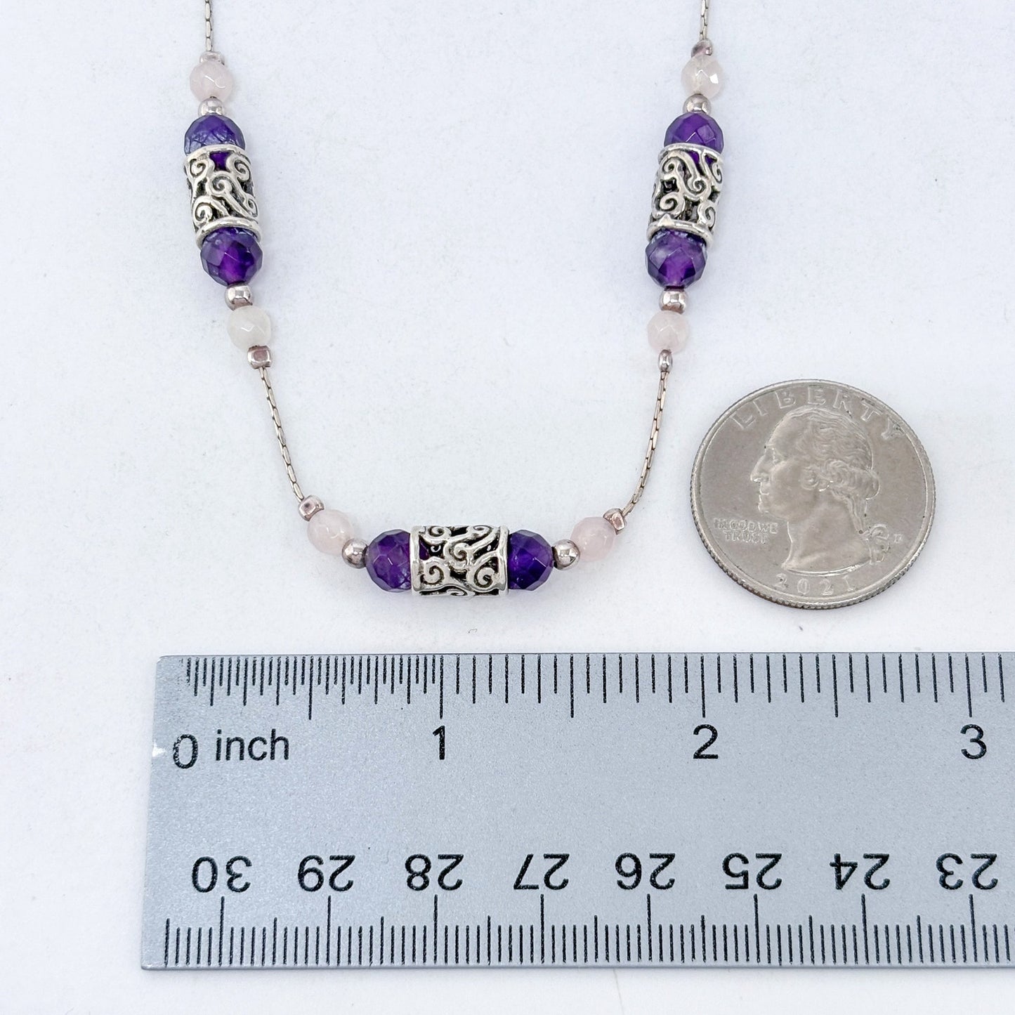 Vintage Sterling Silver 925 Amethyst Rose Quartz Necklace 16"