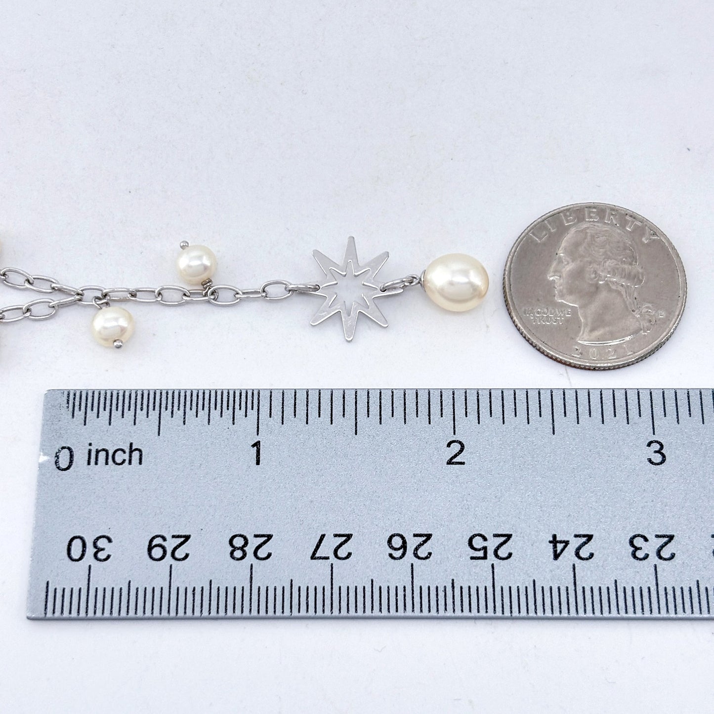Vintage Sterling Silver 925 Pearl Star Lariat Necklace 16.5"-17.5"