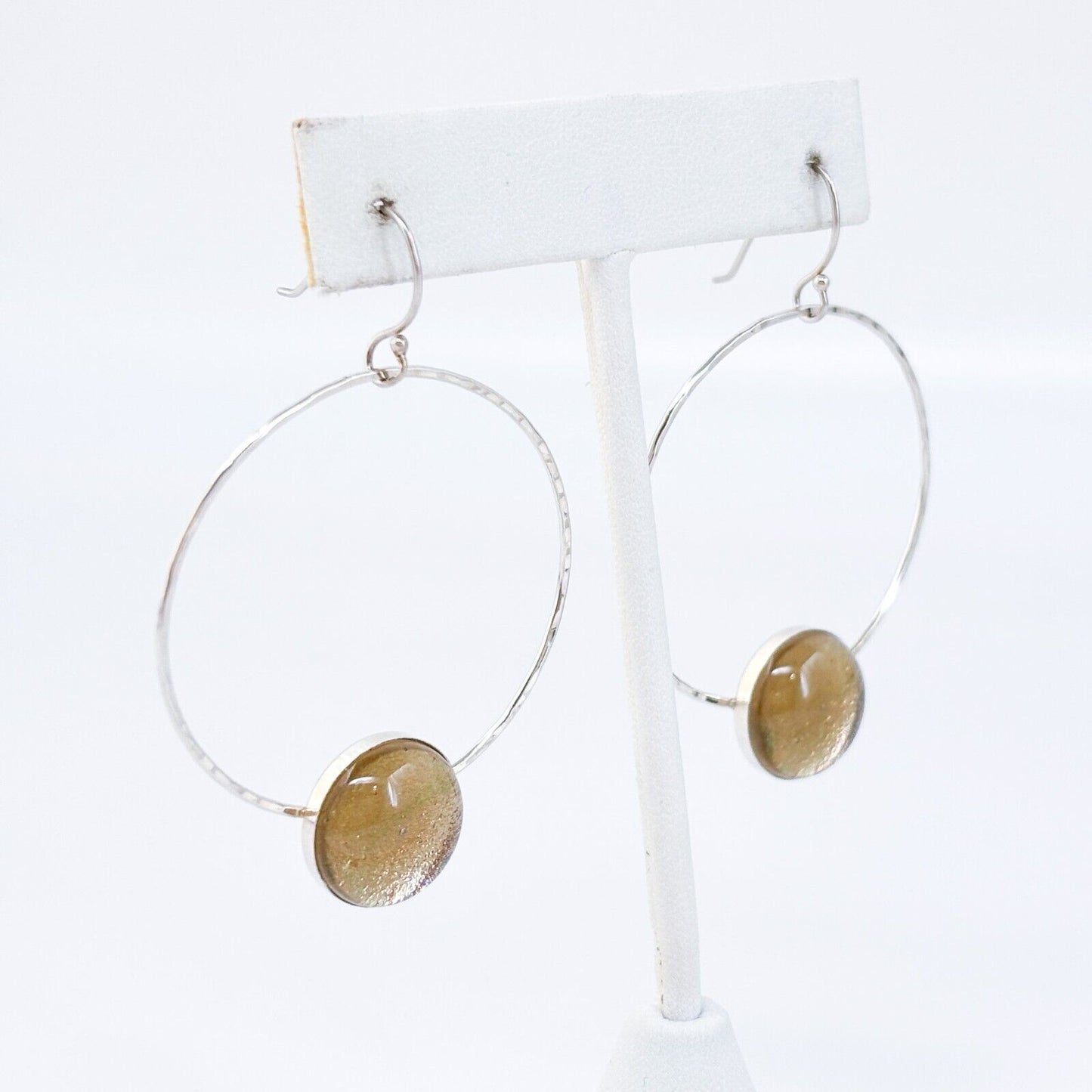 Vintage Silver-Tone Hoop Glass Accent Dangle Earrings