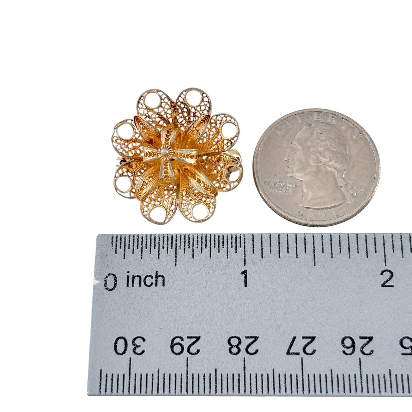 Vintage Gold-Tone Sterling Silver 925 Filigree Flower Brooch