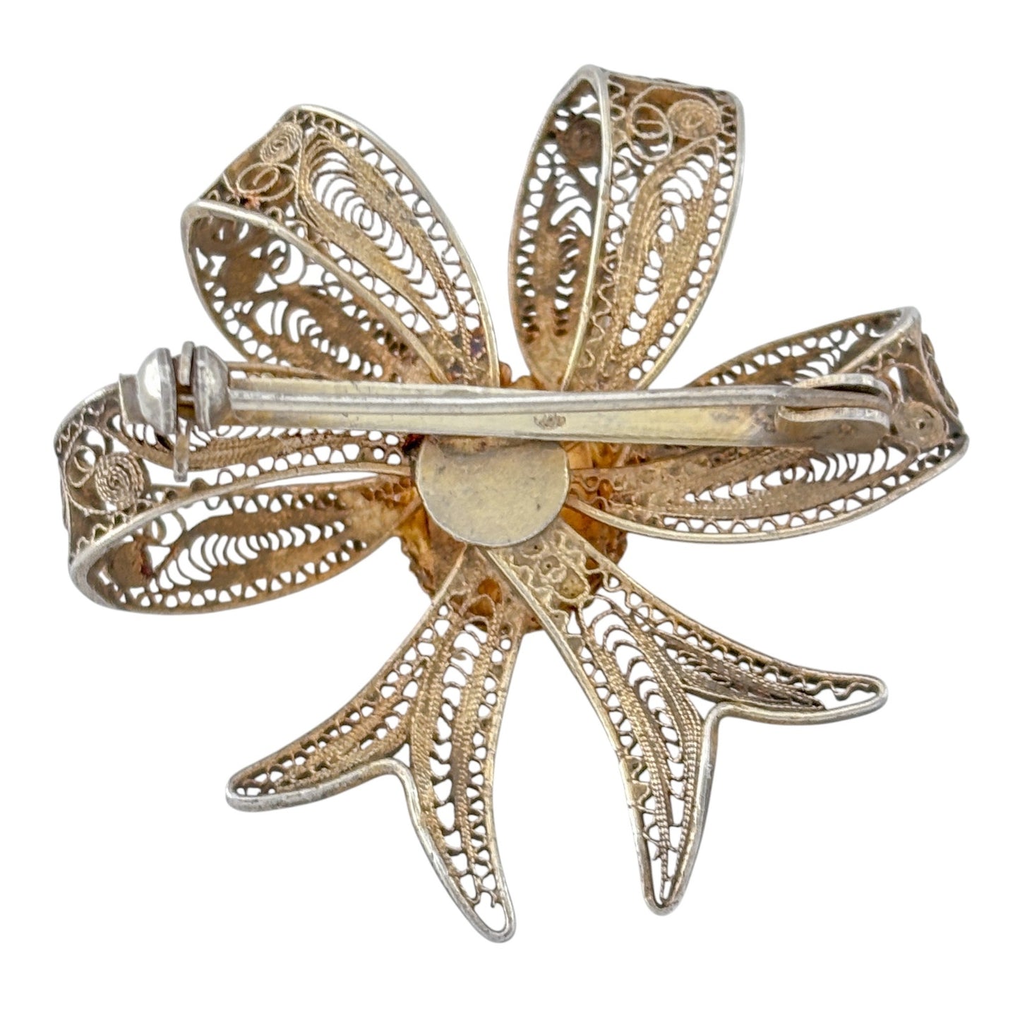 Vintage Vermeil Over Sterling Silver 800 Shell Cameo Filigree Bow Brooch