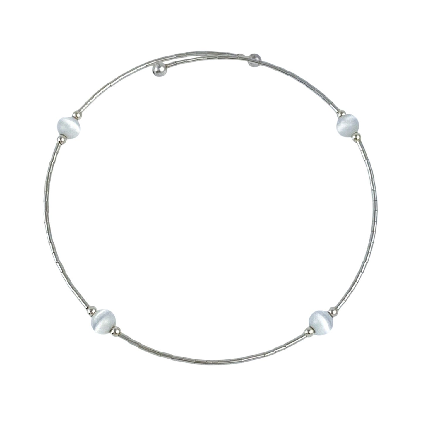 Vintage Sterling Silver 925 White Cat’s Eye Memory Wire Bracelet 8"