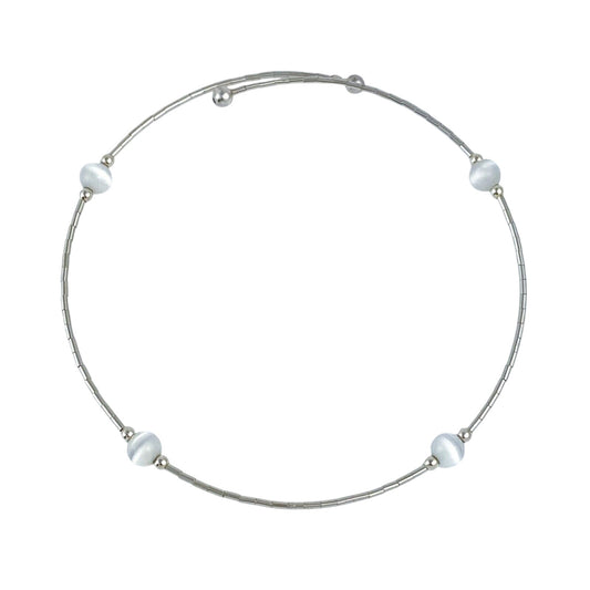 Vintage Sterling Silver 925 White Cat’s Eye Memory Wire Bracelet 8"