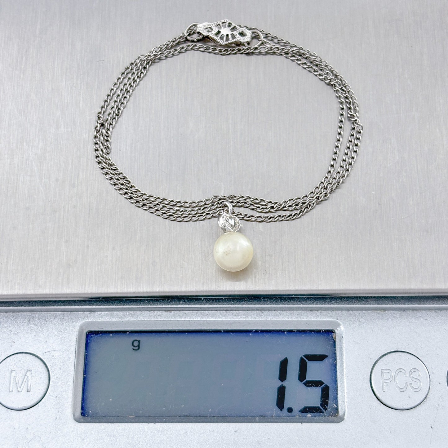 Vintage Sterling Silver 925 Diamond Pearl Drop Pendant Necklace 15"