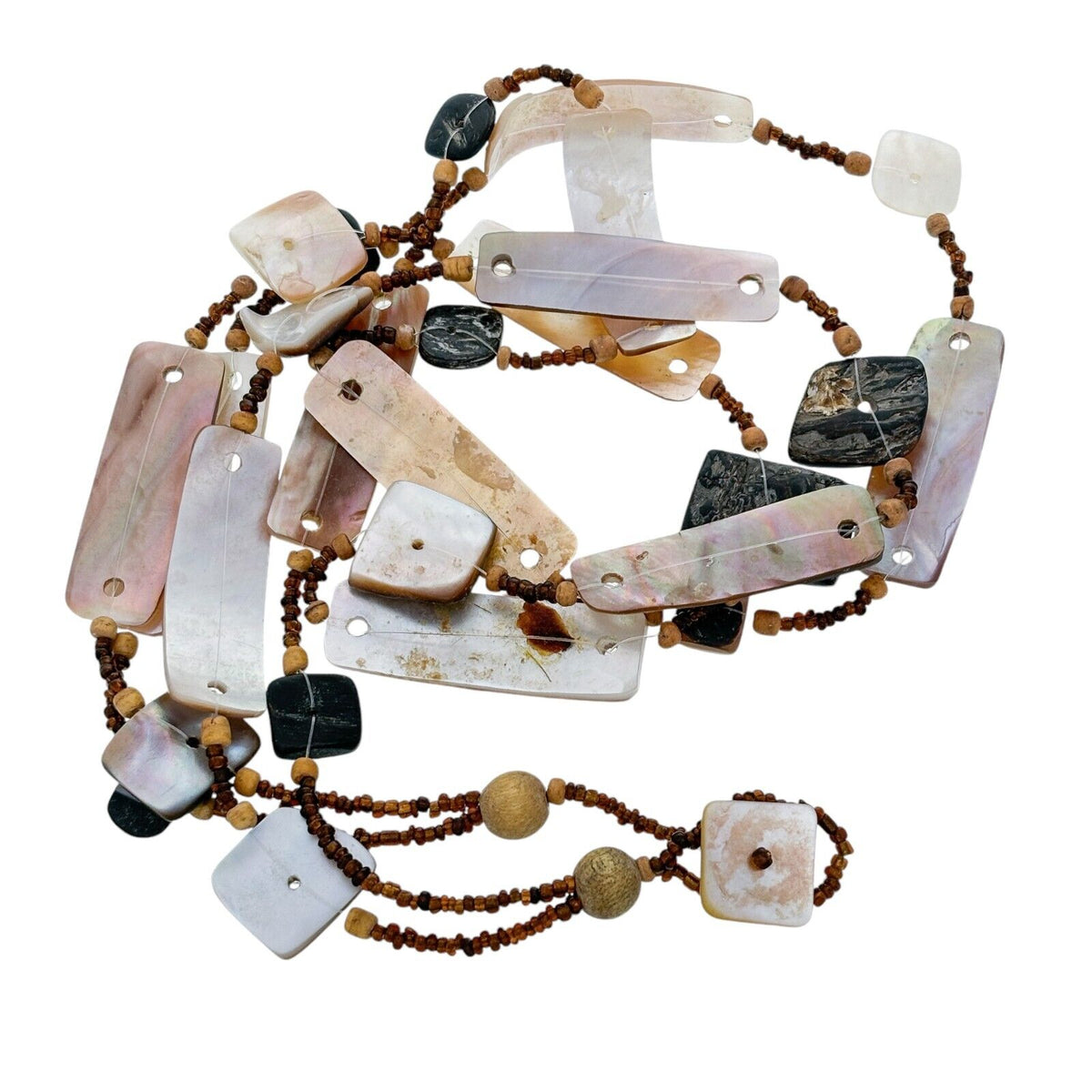 Vintage Mother of Pearl and Wood Double Strand Necklace 24"