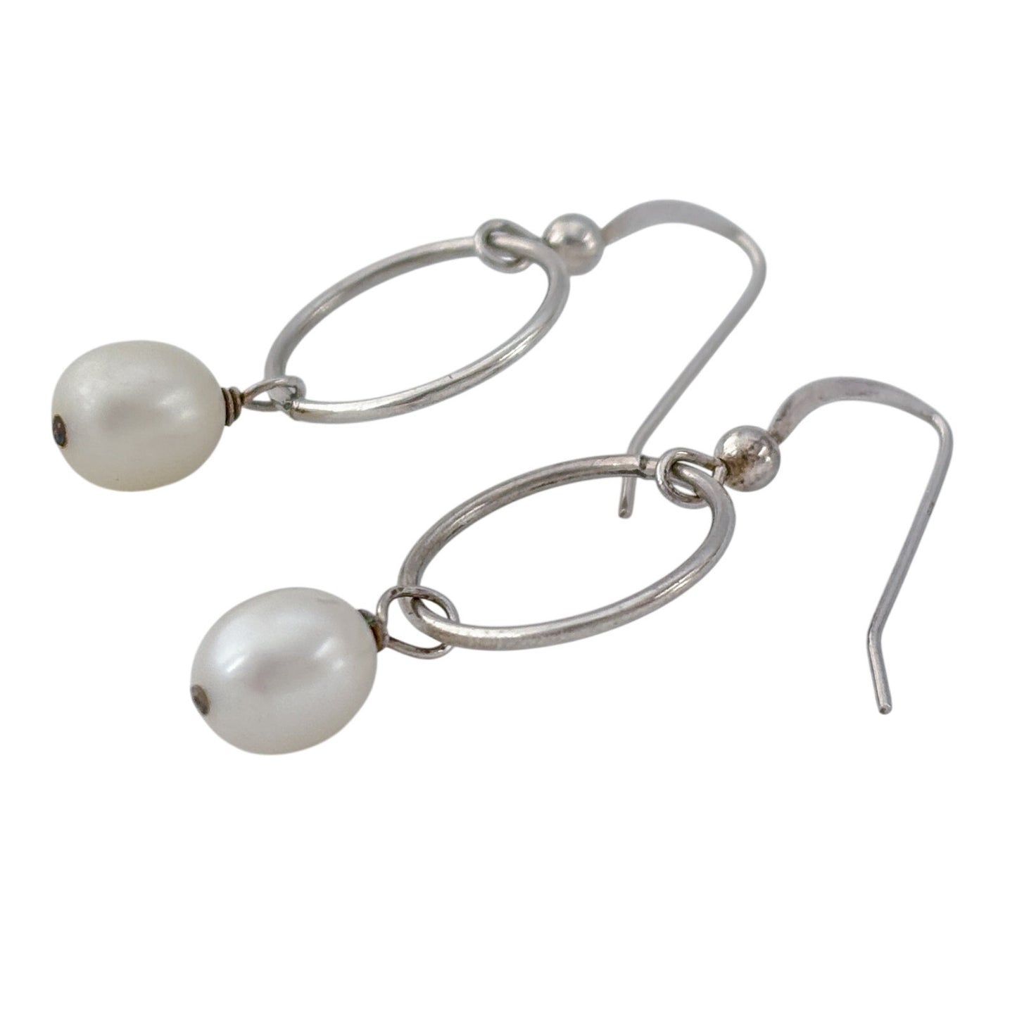 Vintage Sterling Silver 925 White Pearl Hoop Dangle Earrings