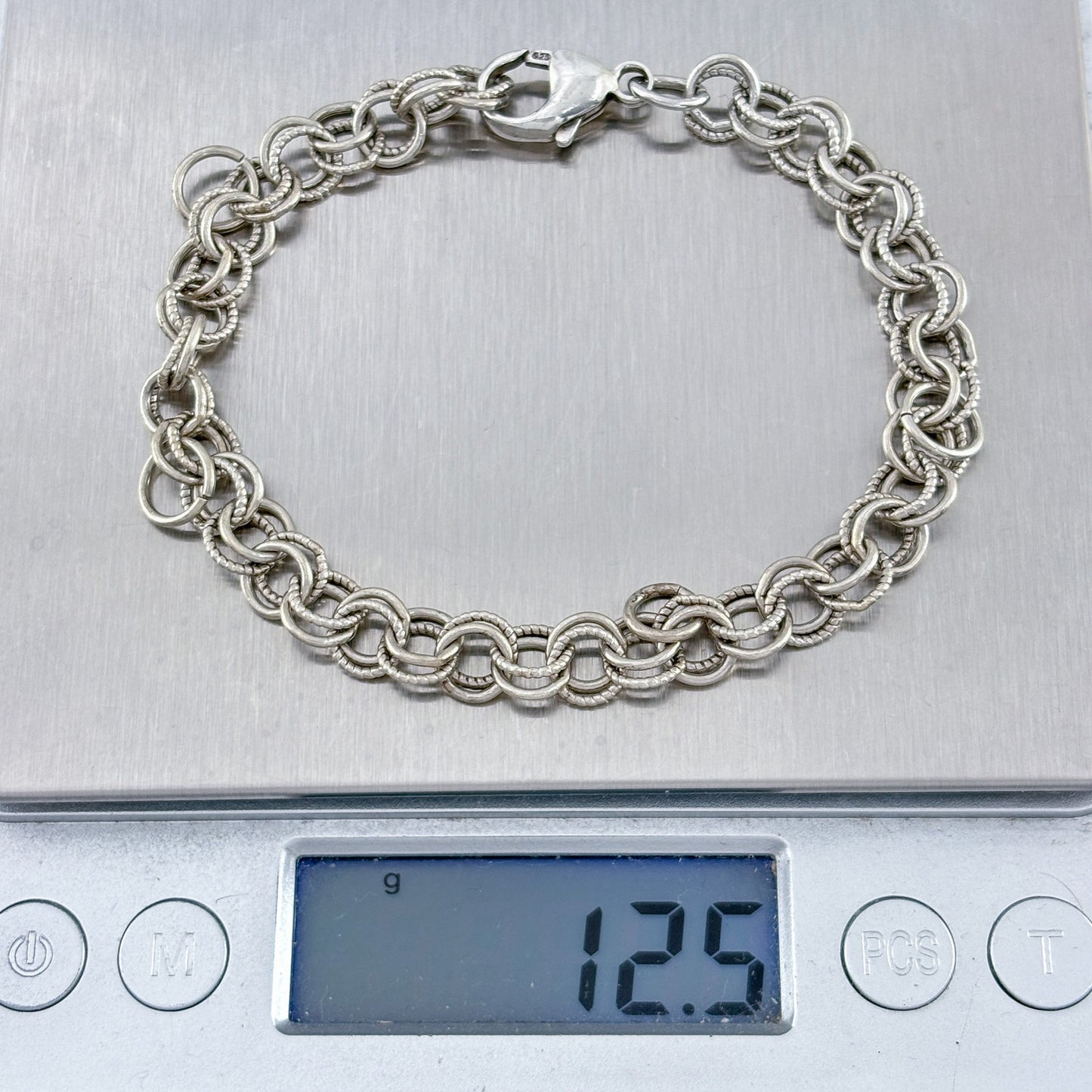Vintage Sterling Silver 925 Round Link Charm Bracelet 7.5"