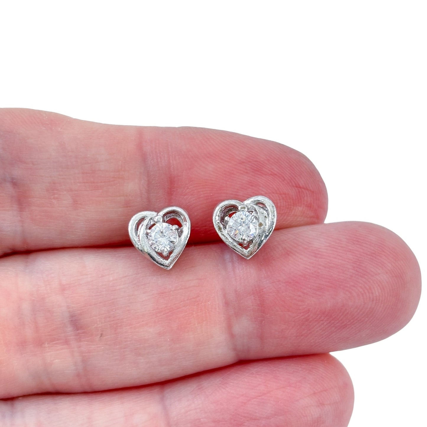 Vintage Sterling Silver 925 Cubic Zirconia Heart Stud Earrings