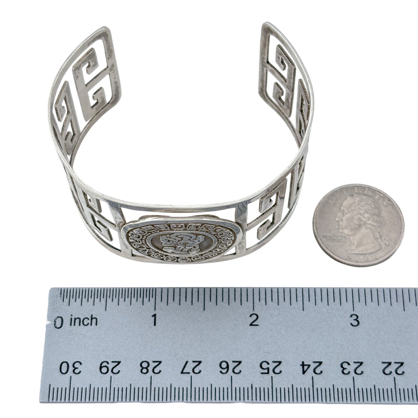 Vintage Mexico Sterling Silver 925 Aztec Mayan Medallion Cuff Bracelet 7.5"