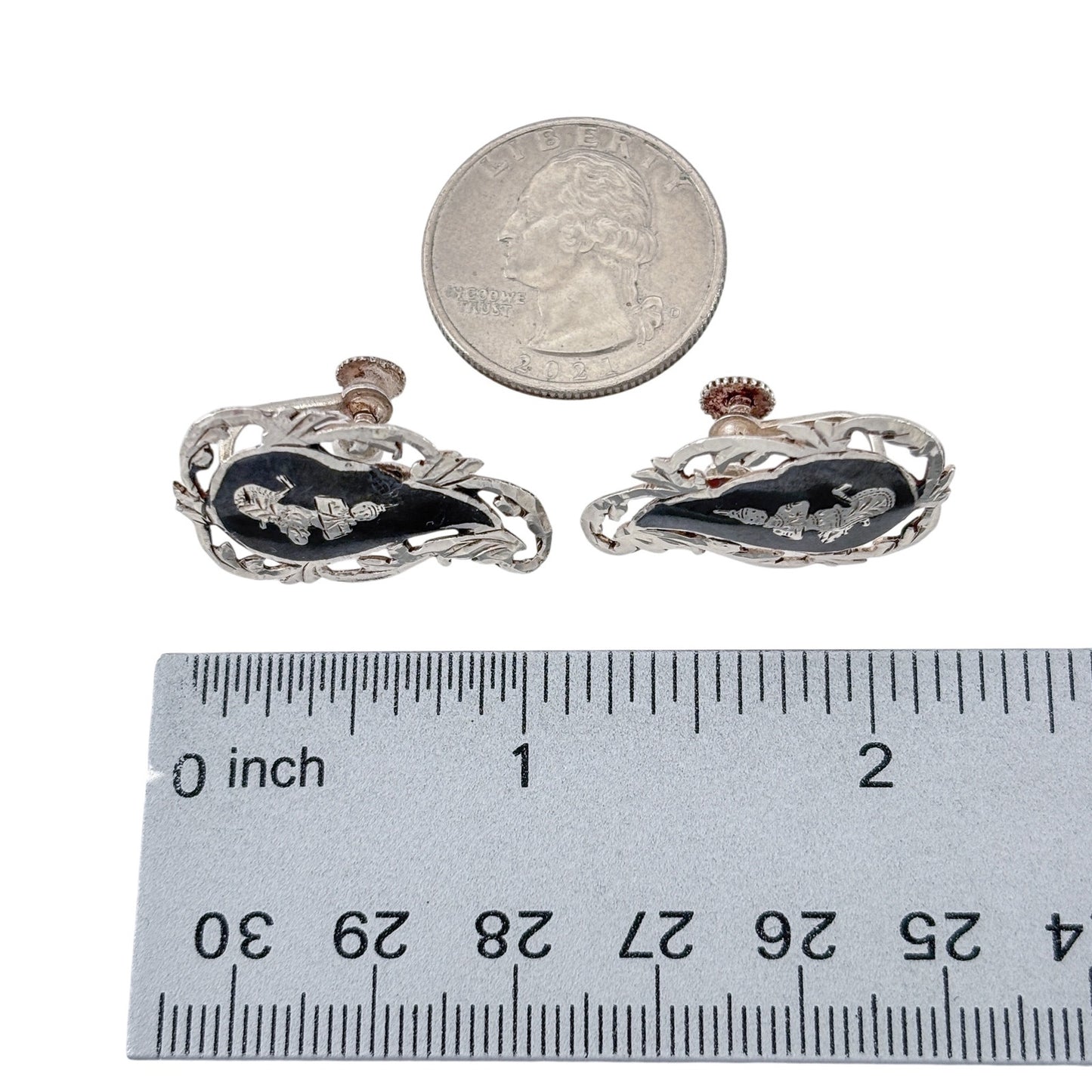 Vintage Sterling Silver 925 Siam Niello Dancer Screw Back Earrings