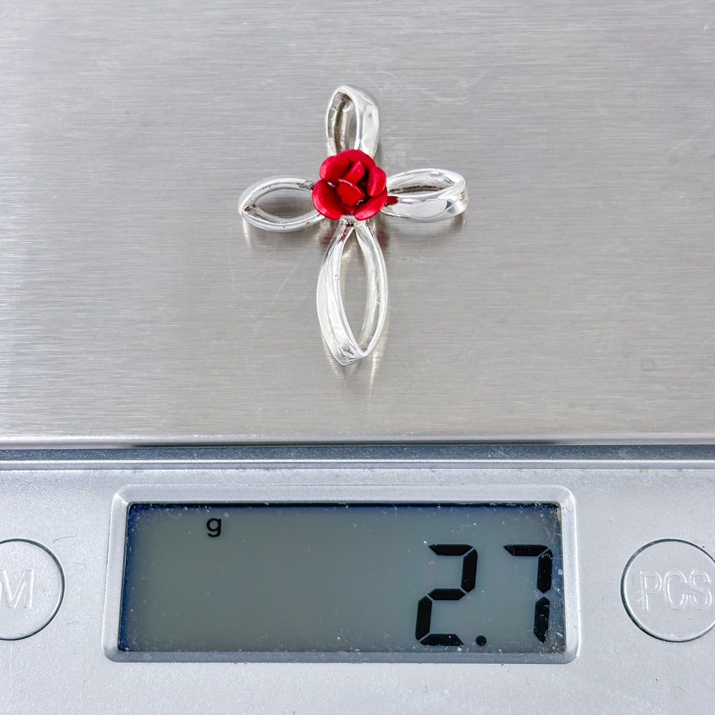 Vintage Sterling Silver 925 Red Rose Cross Pendant