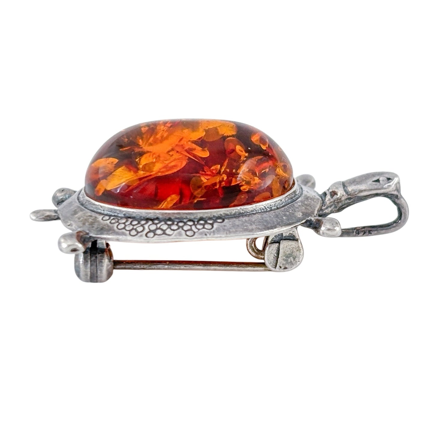Vintage Sterling Silver 925 Amber Turtle Brooch