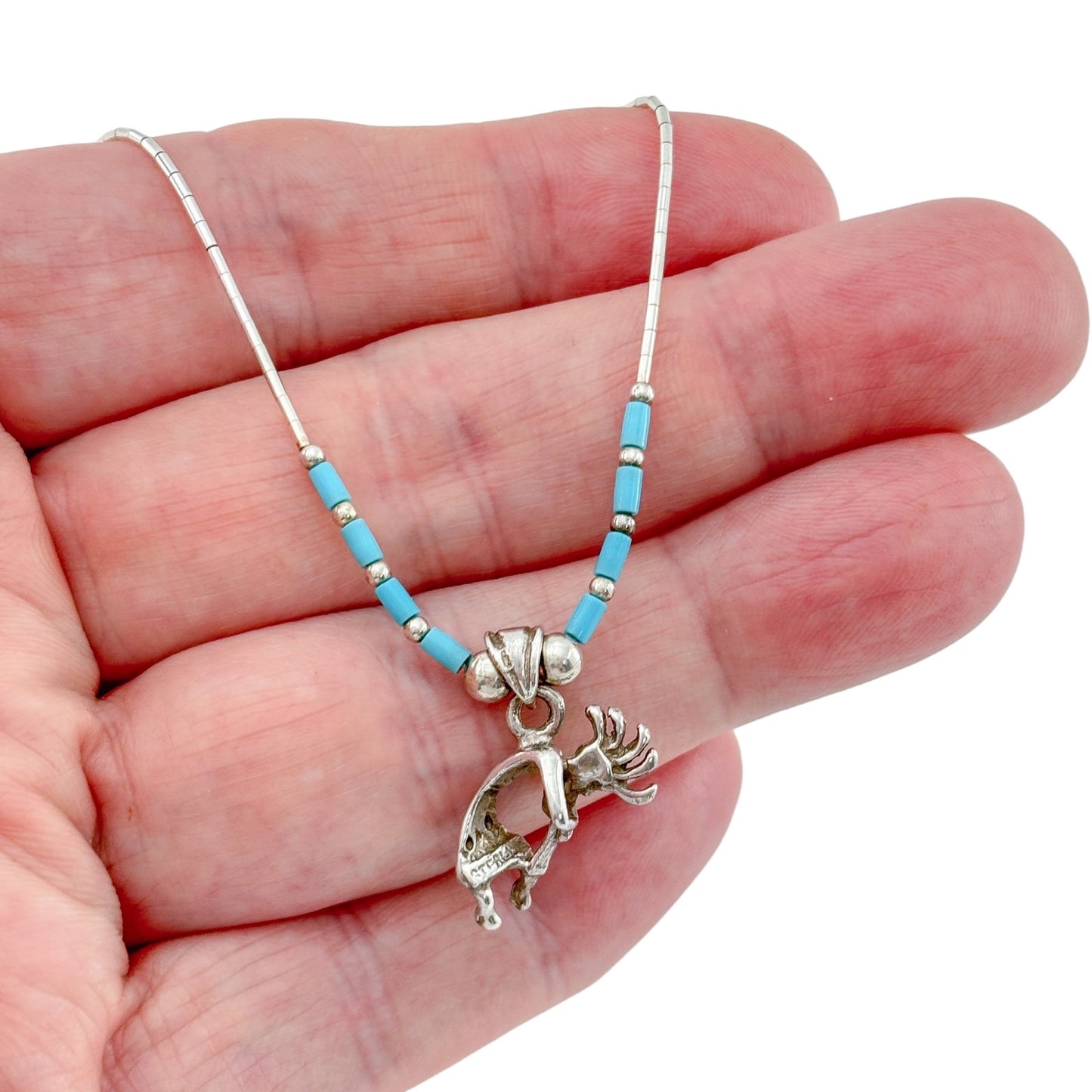 Vintage Sterling Liquid Silver 925 Turquoise Kokopelli Necklace 16.5"