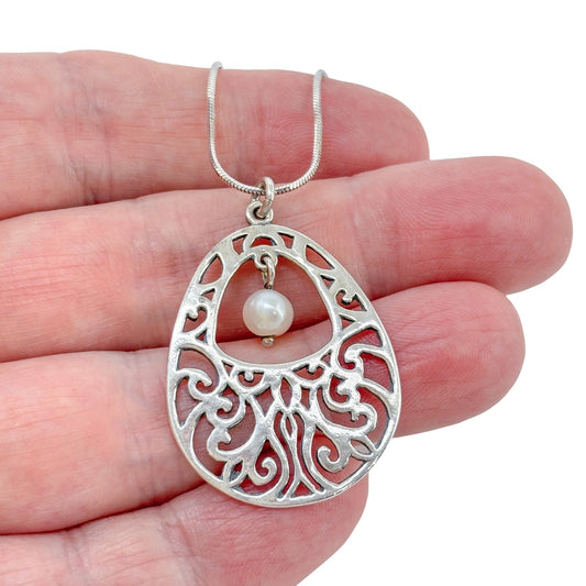 Vintage Sterling Silver 925 Ornate Filigree Pearl Pendant 17"