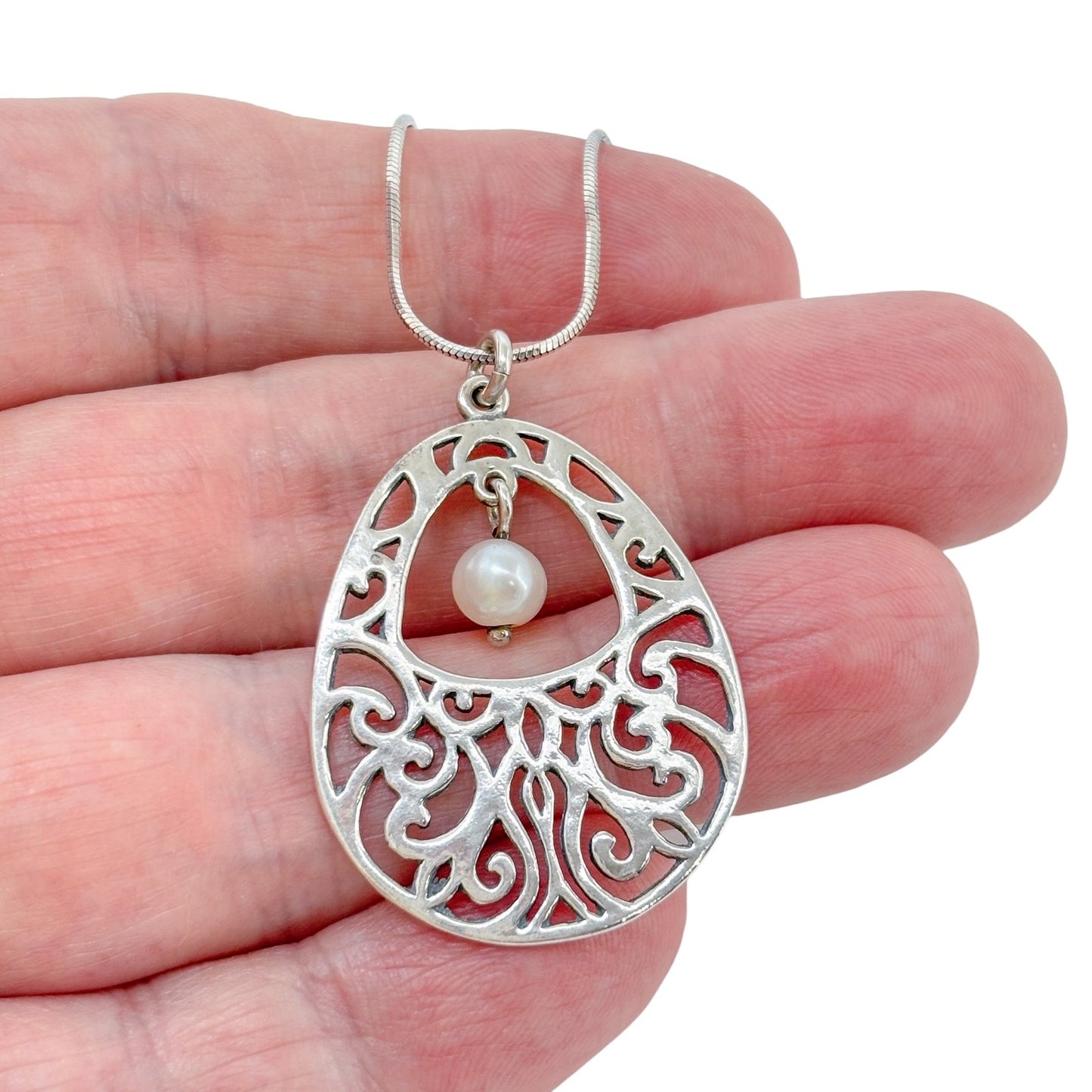 Vintage Sterling Silver 925 Ornate Filigree Pearl Pendant 17"