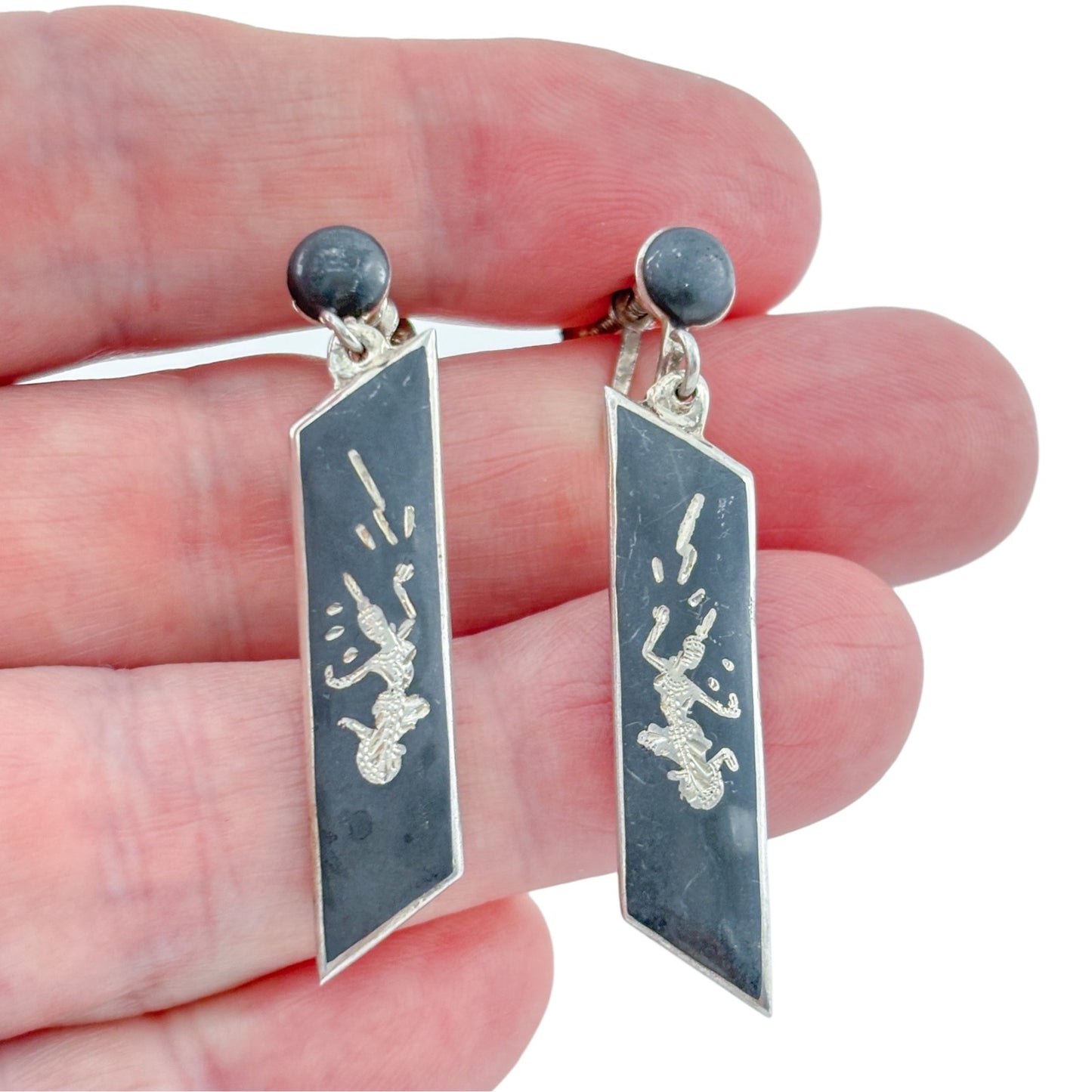 Vintage Sterling Silver 925 Black Siam Niello Long Drop Earrings