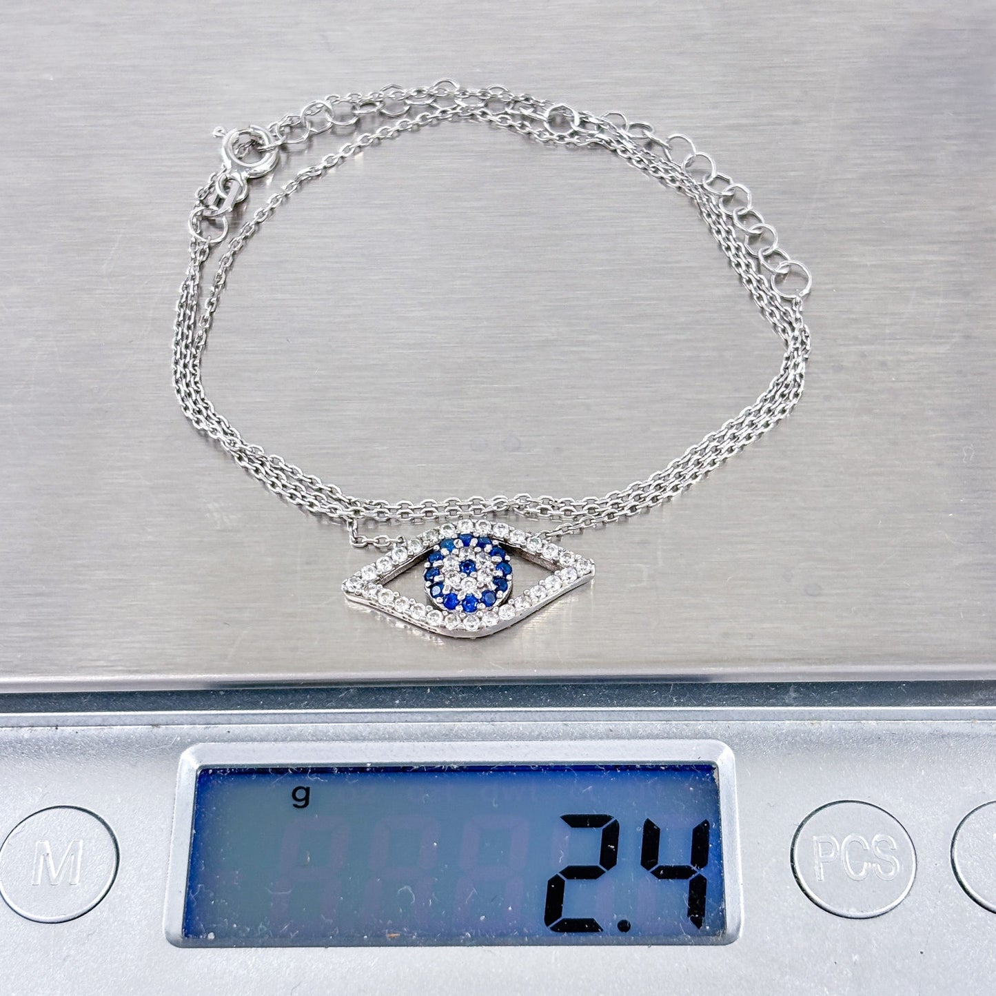 Vintage Sterling Silver 925 White Blue Crystal Evil Eye Necklace | 16"-18"