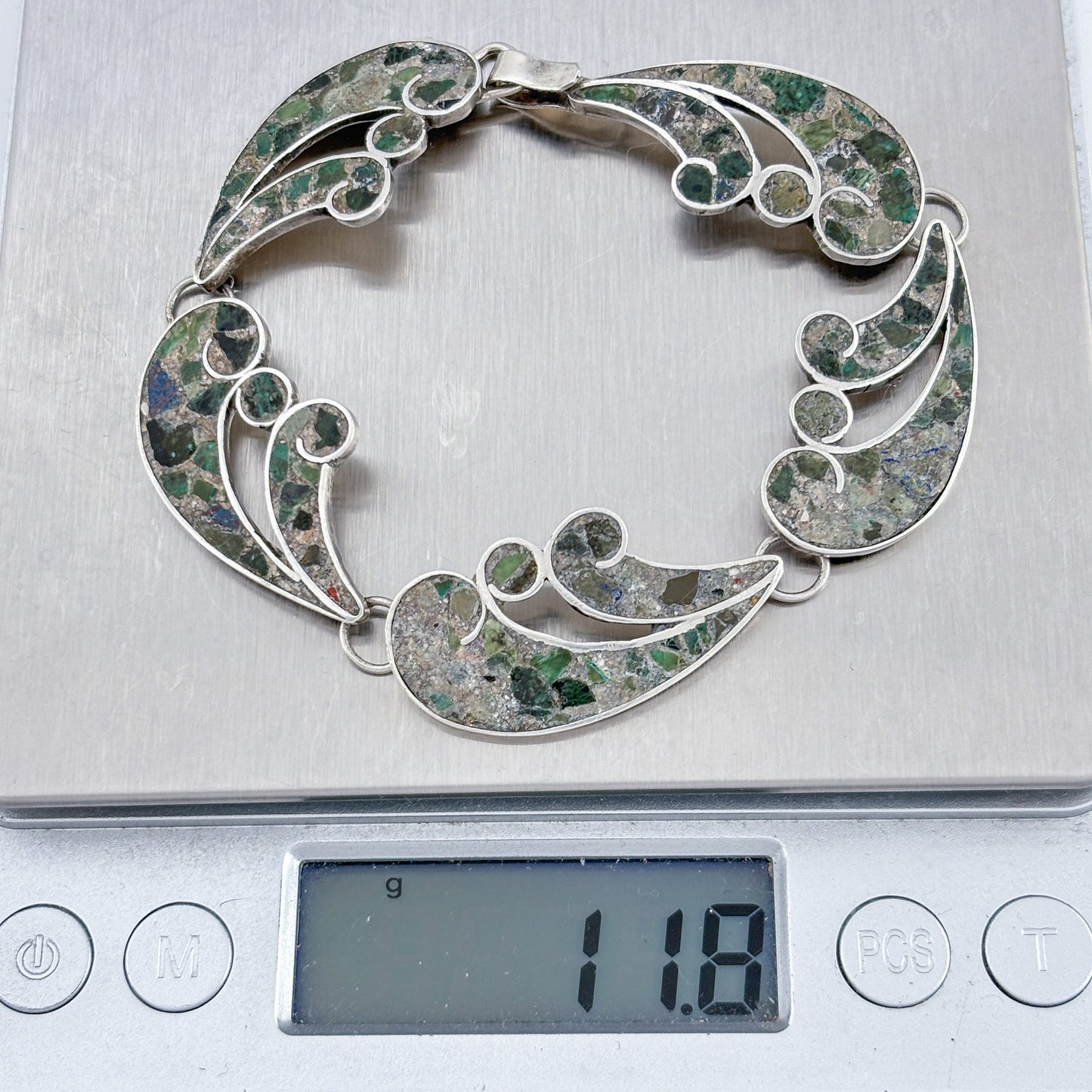 Vintage Sterling Silver 925 Mosaic Stone Bracelet 7"