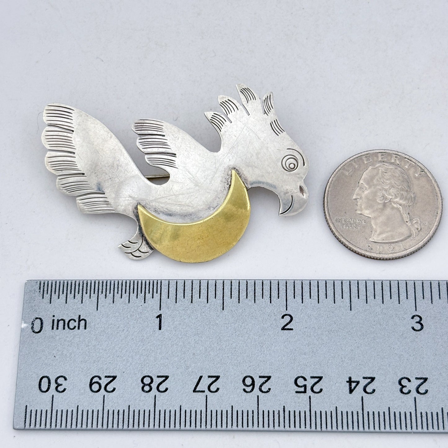 Vintage Sterling Silver 925 Bird Brass Moon Brooch
