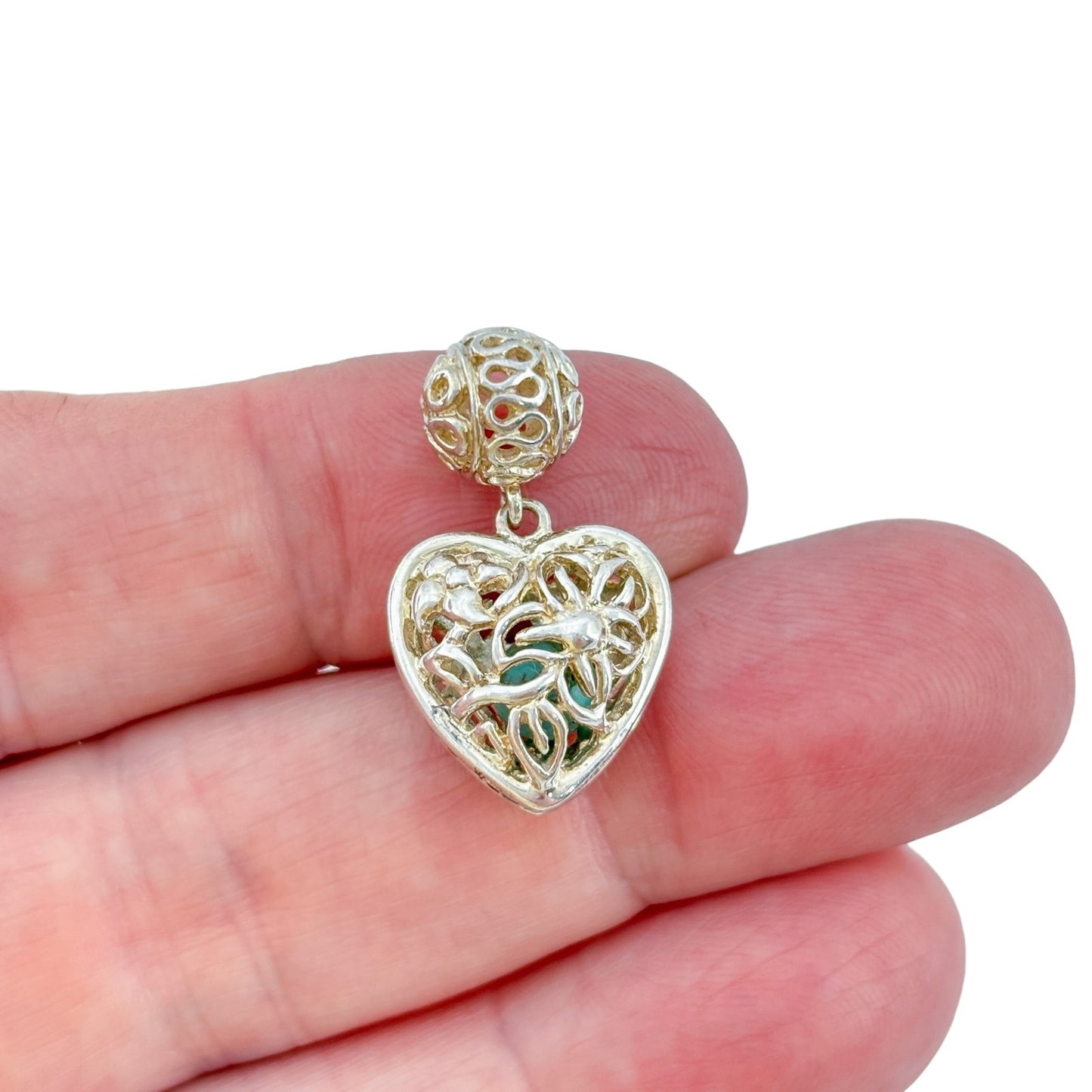 Vintage Sterling Silver 925 Green Stone Heart Cage Pendant