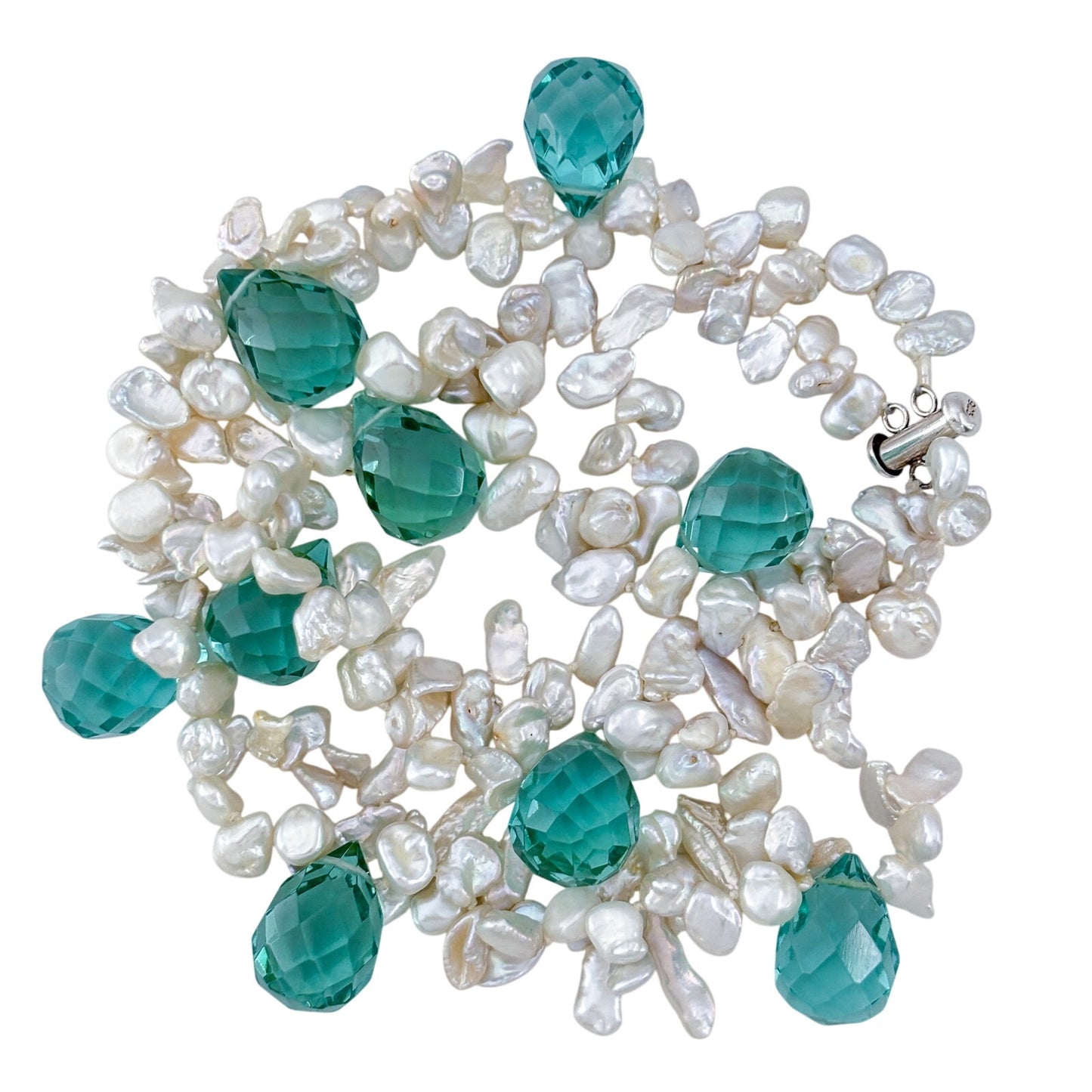 Vintage Sterling Silver 925 Pearl Teal Faceted Crystal Prism Necklace 19"