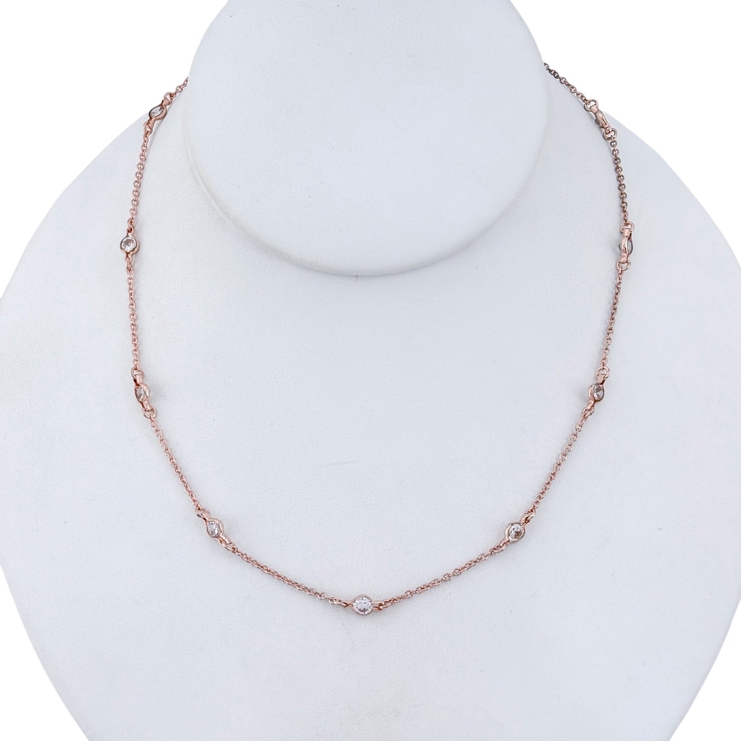 Vintage Sterling Silver 925 Rose Gold-Tone Cubic Zirconia Station Necklace 16"