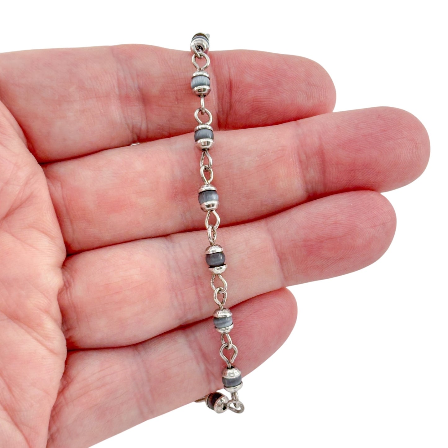 Vintage Sterling Silver 925 Cat's Eye Chain Anklet 9.25"