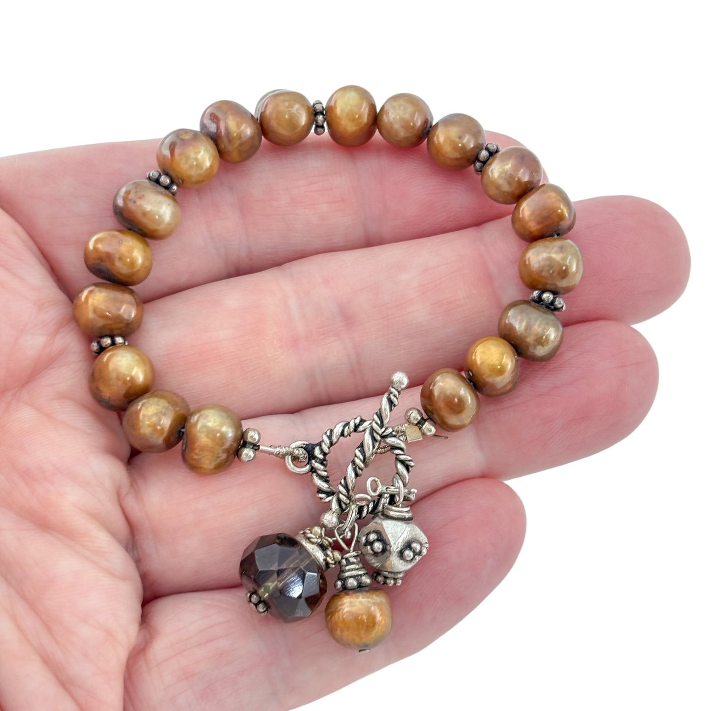 Vintage Sterling Silver 925 Brown Pearl Beaded Charm Bracelet 6.75"