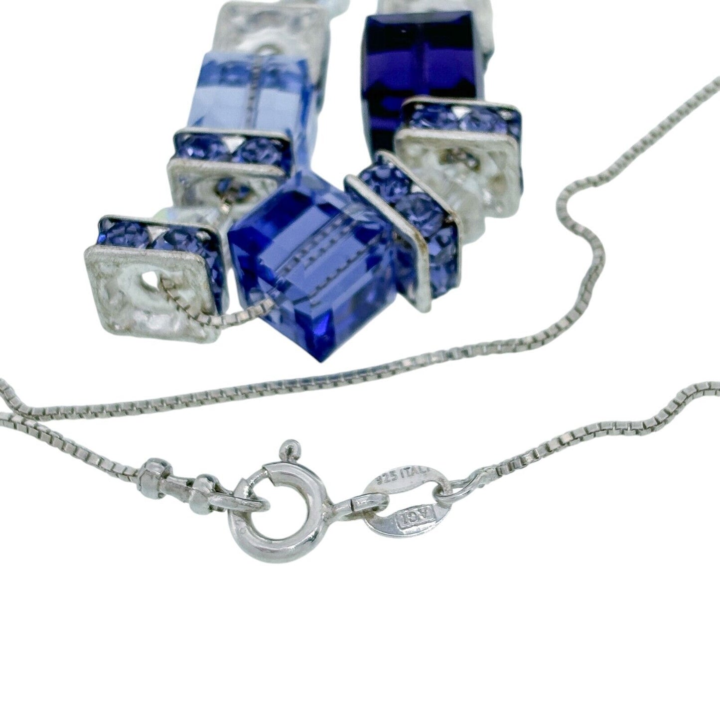 Vintage Italy Sterling Silver 925 Blue Crystal Cube Bead Necklace 22"