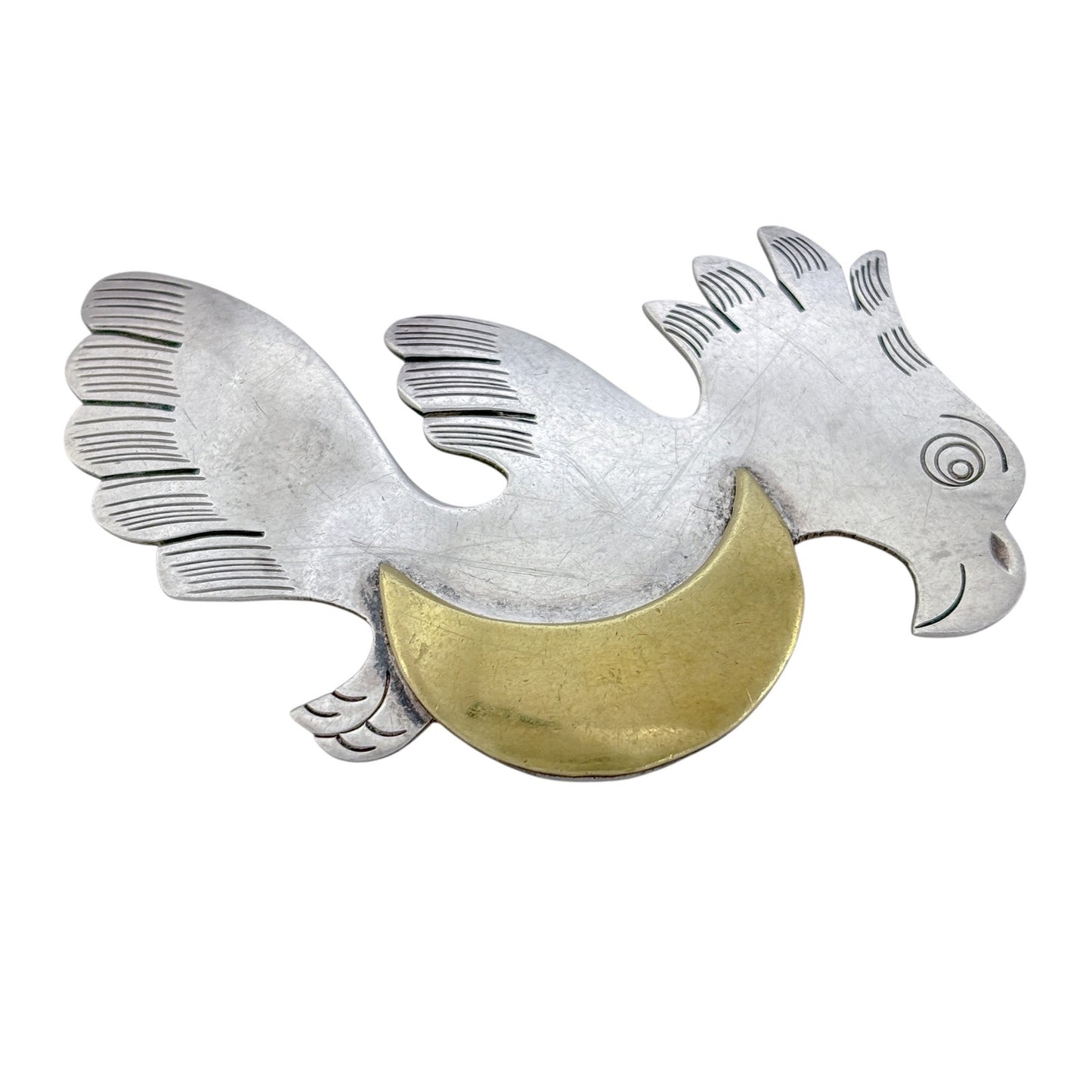 Vintage Sterling Silver 925 Bird Brass Moon Brooch