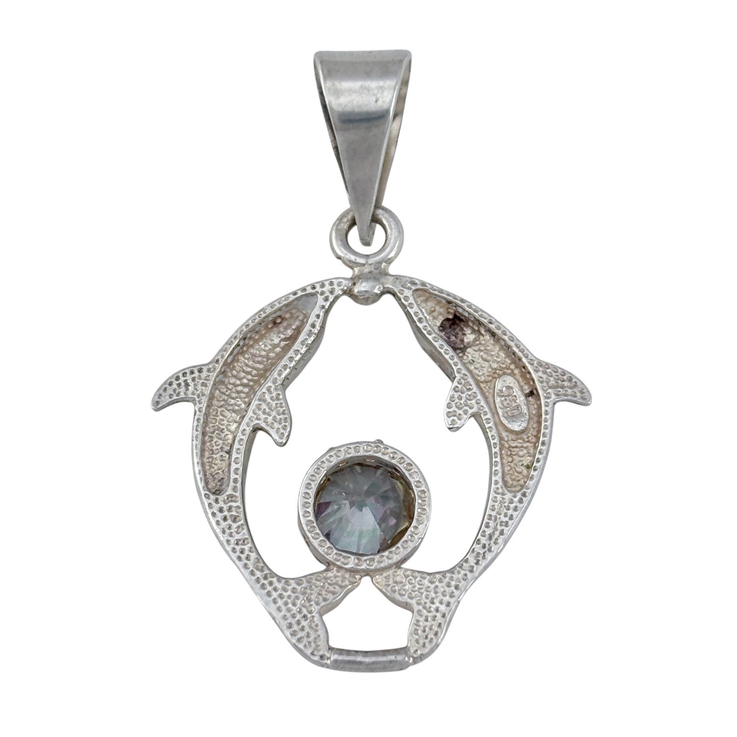 Vintage Sterling Silver 925 Green Opal Mystic Cubic Zirconia Dolphin Pendant