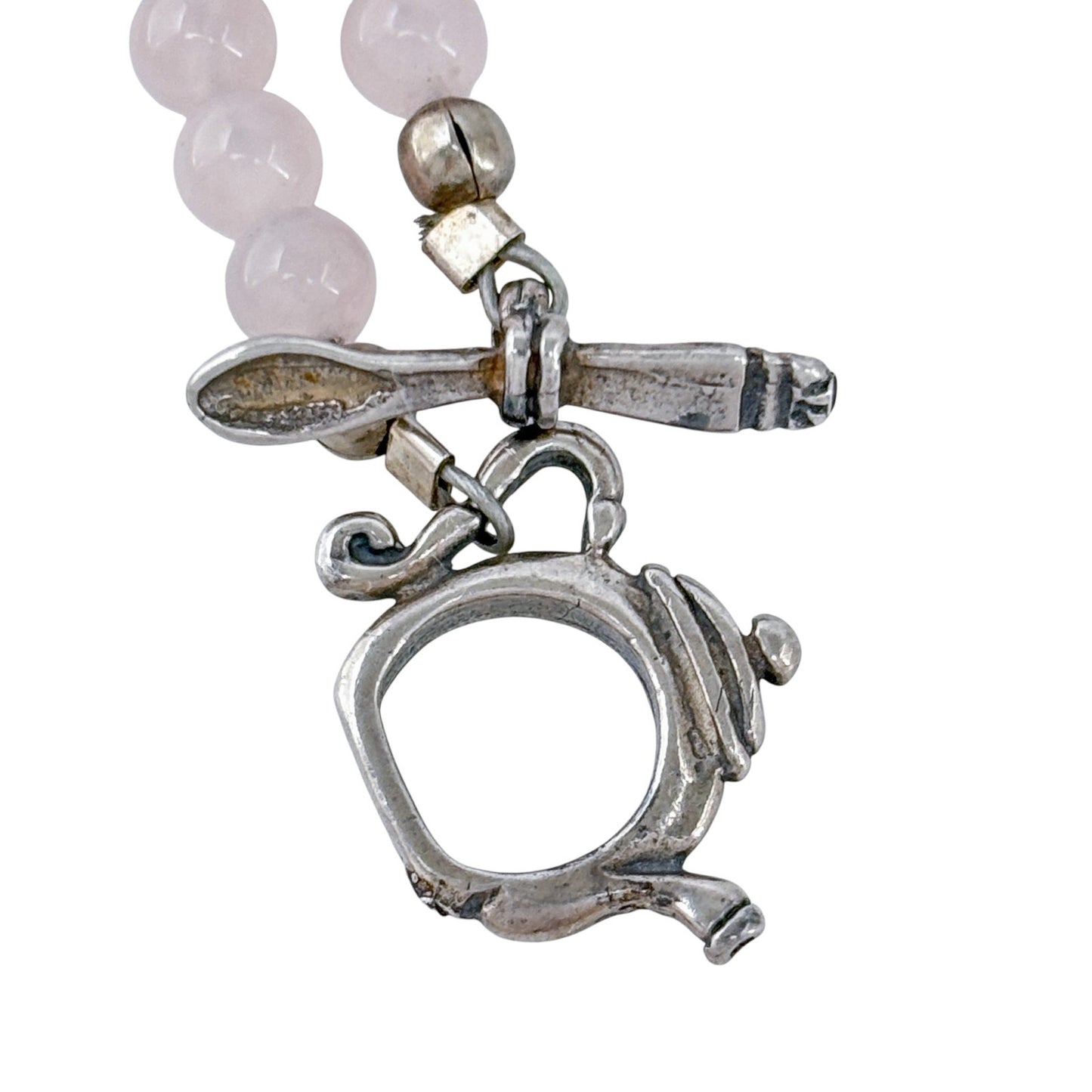 Vintage Sterling Silver 925 Rose Quartz Teapot Spoon Clasp Necklace 14"