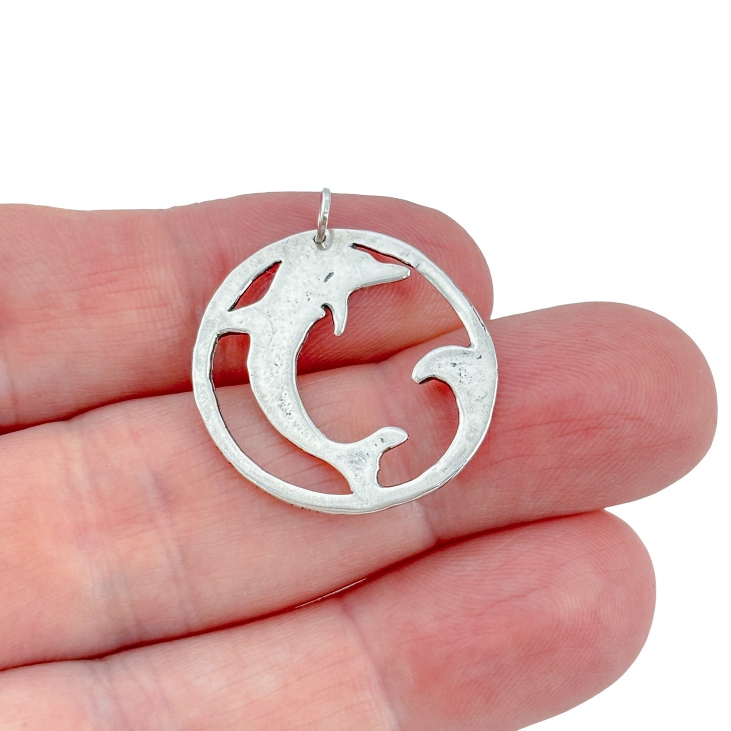 Vintage Sterling Silver 925 Dolphin Circle Pendant